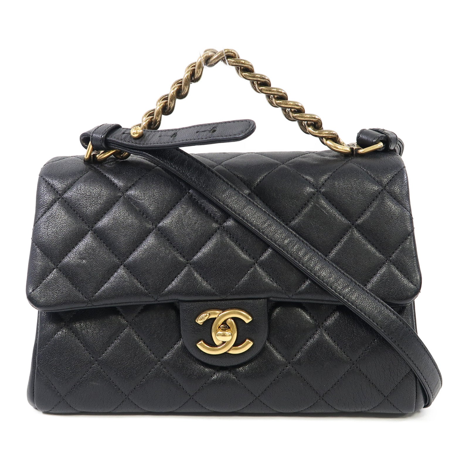 CHANEL 菱格牛皮皮革Shoulder Bag金扣手挽肩背兩用袋黑色