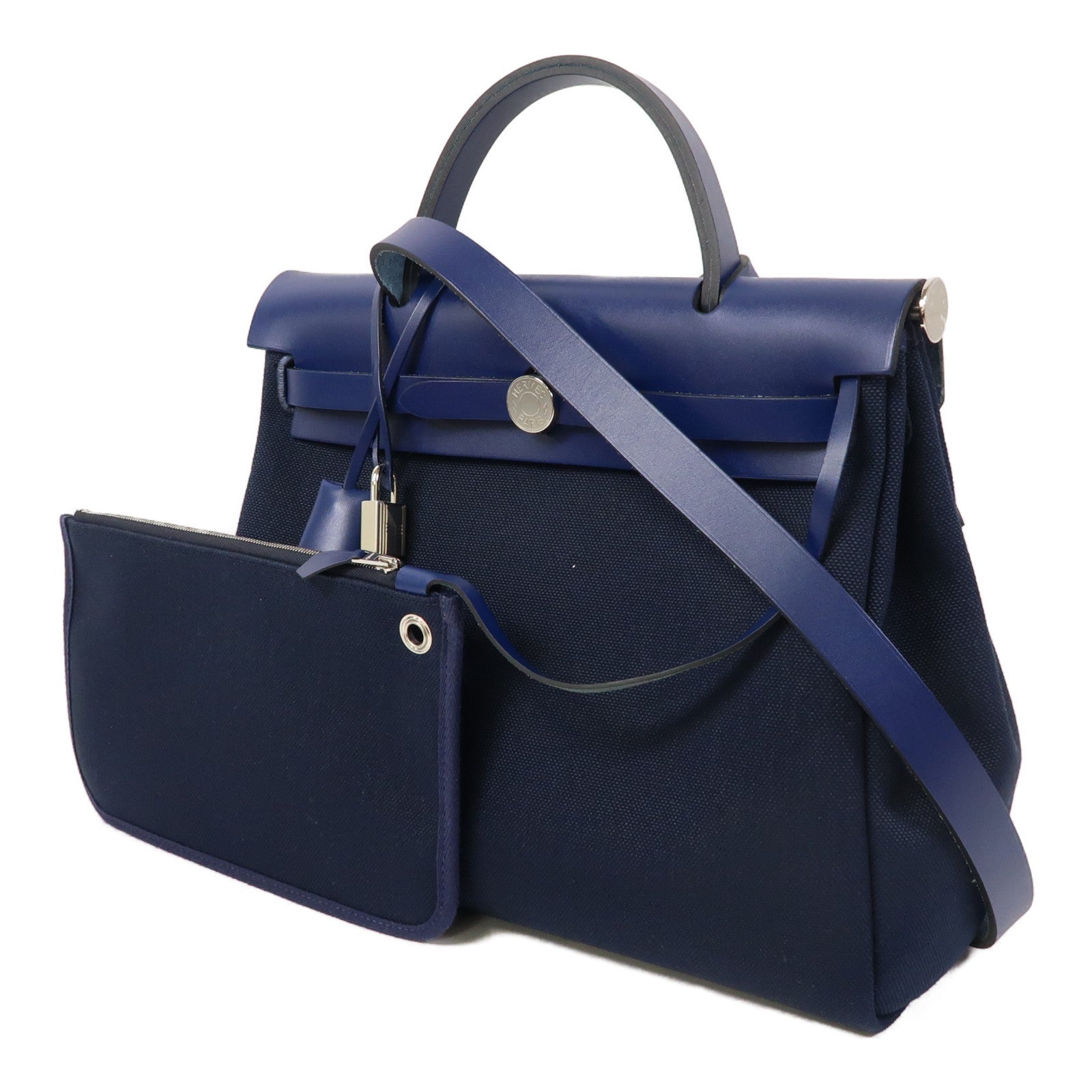 HERMES 帆布/皮革Herbag PM銀扣手挽肩背兩用袋寶石藍色
