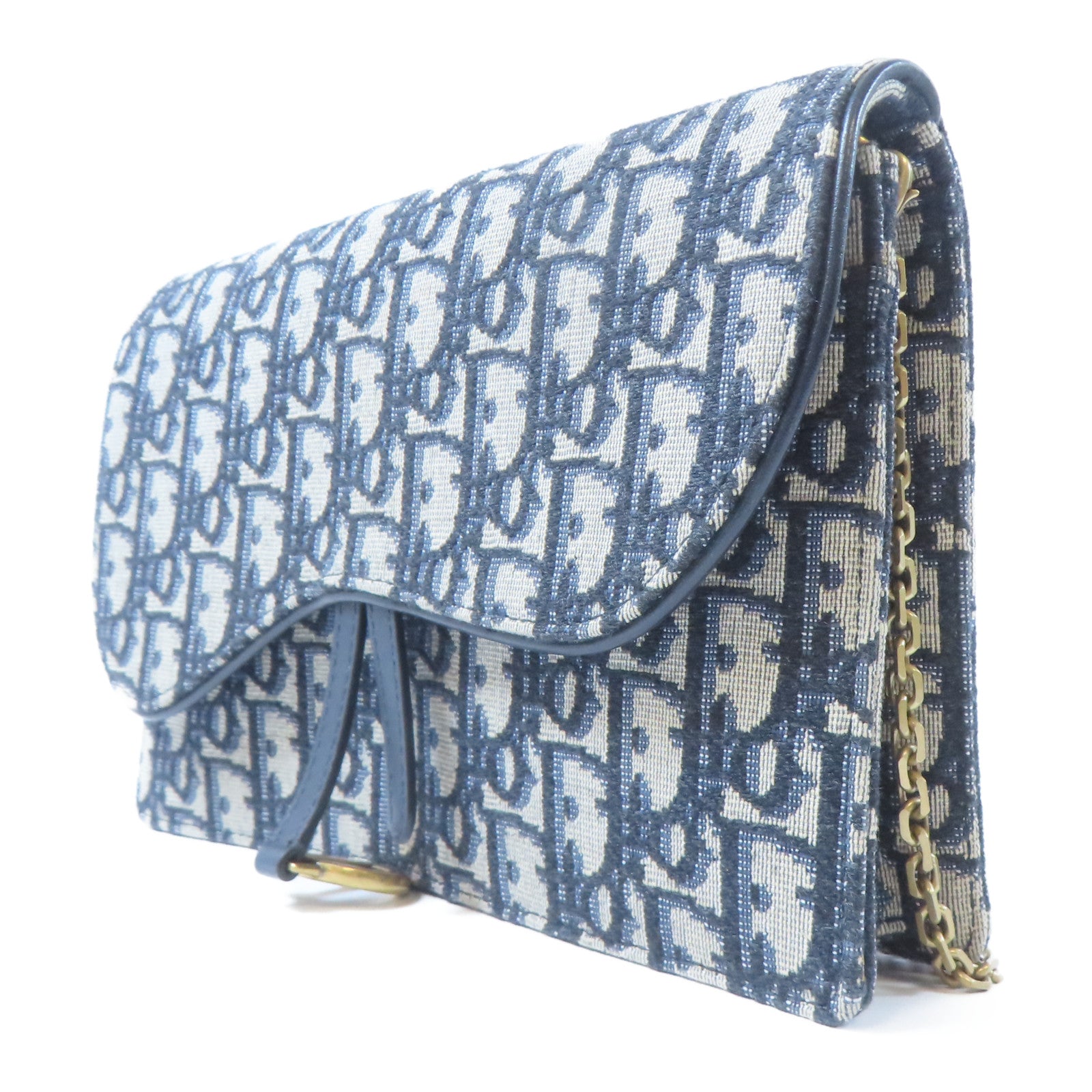 Dior 帆布Oblique Saddle金扣鏈帶肩背袋深藍色/米色