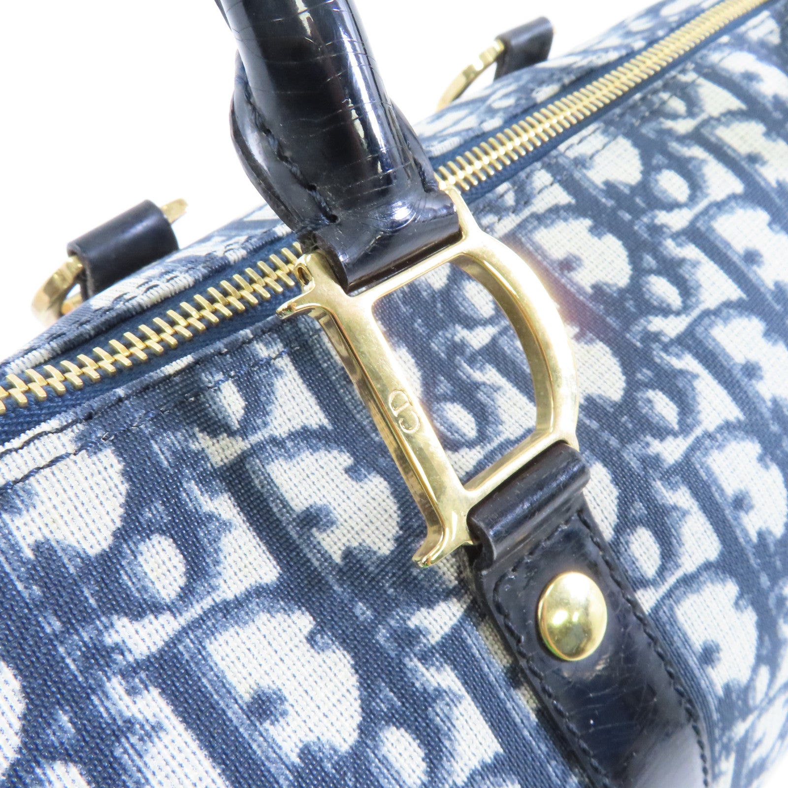 Dior 塗層帆布Mini Boston Bag金扣手挽袋藍色