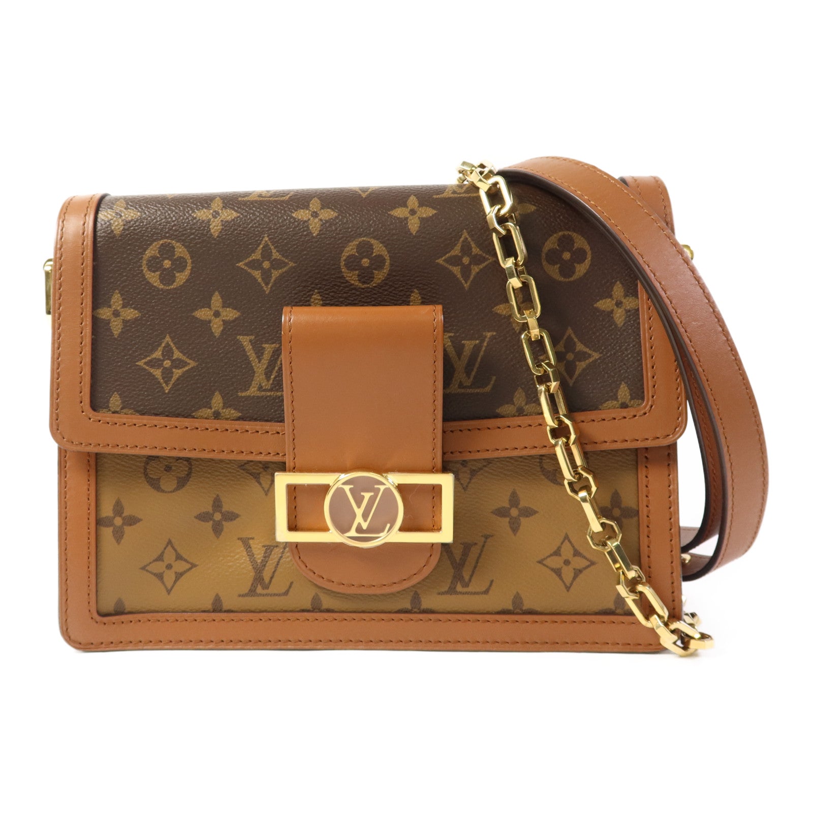 LOUIS VUITTON Monogram/Monogram Reverse Dauphine MM金扣手挽肩背兩用袋棕色