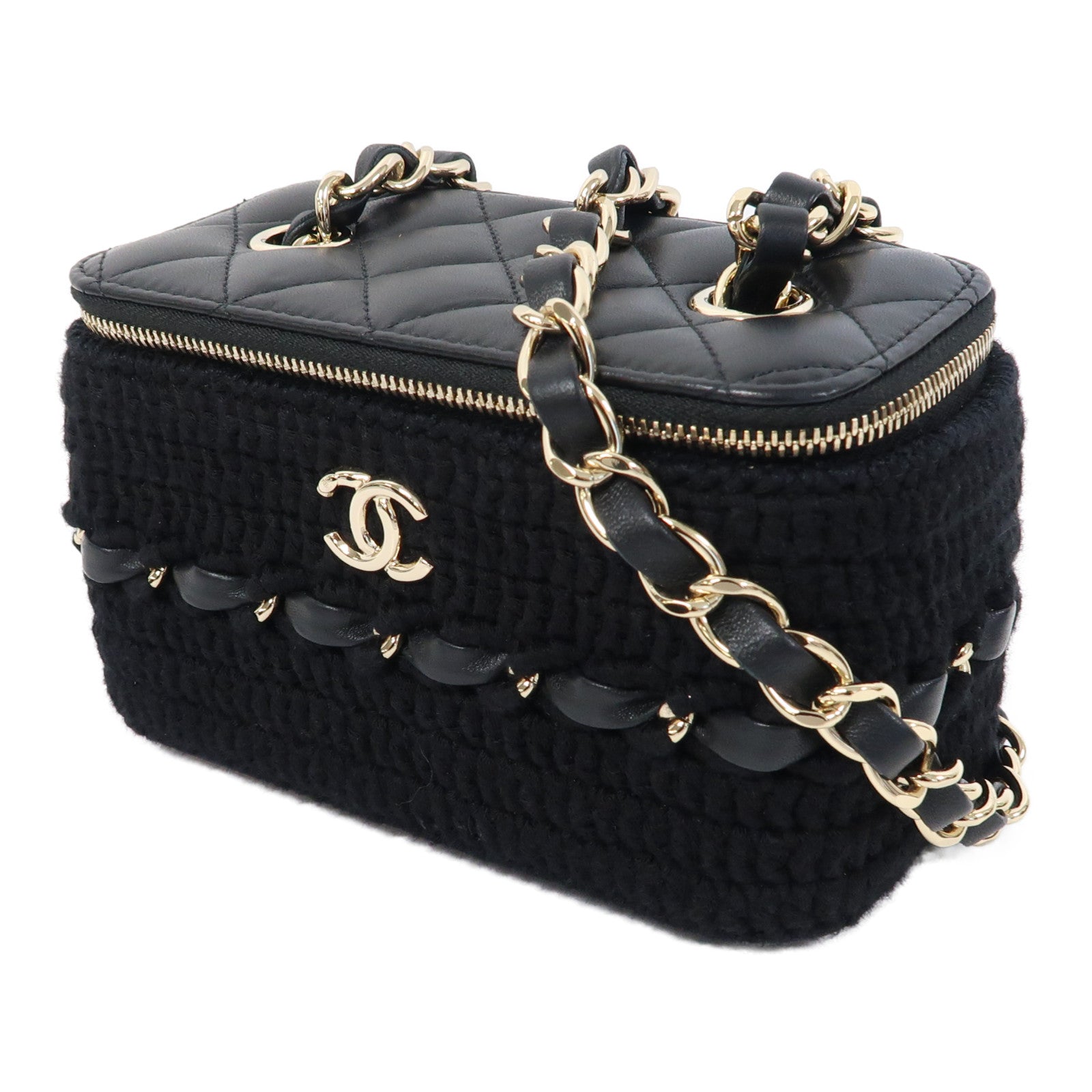 CHANEL 【激減優惠】菱格羊皮皮革/布料Vanity Case金扣鏈帶肩背袋黑色