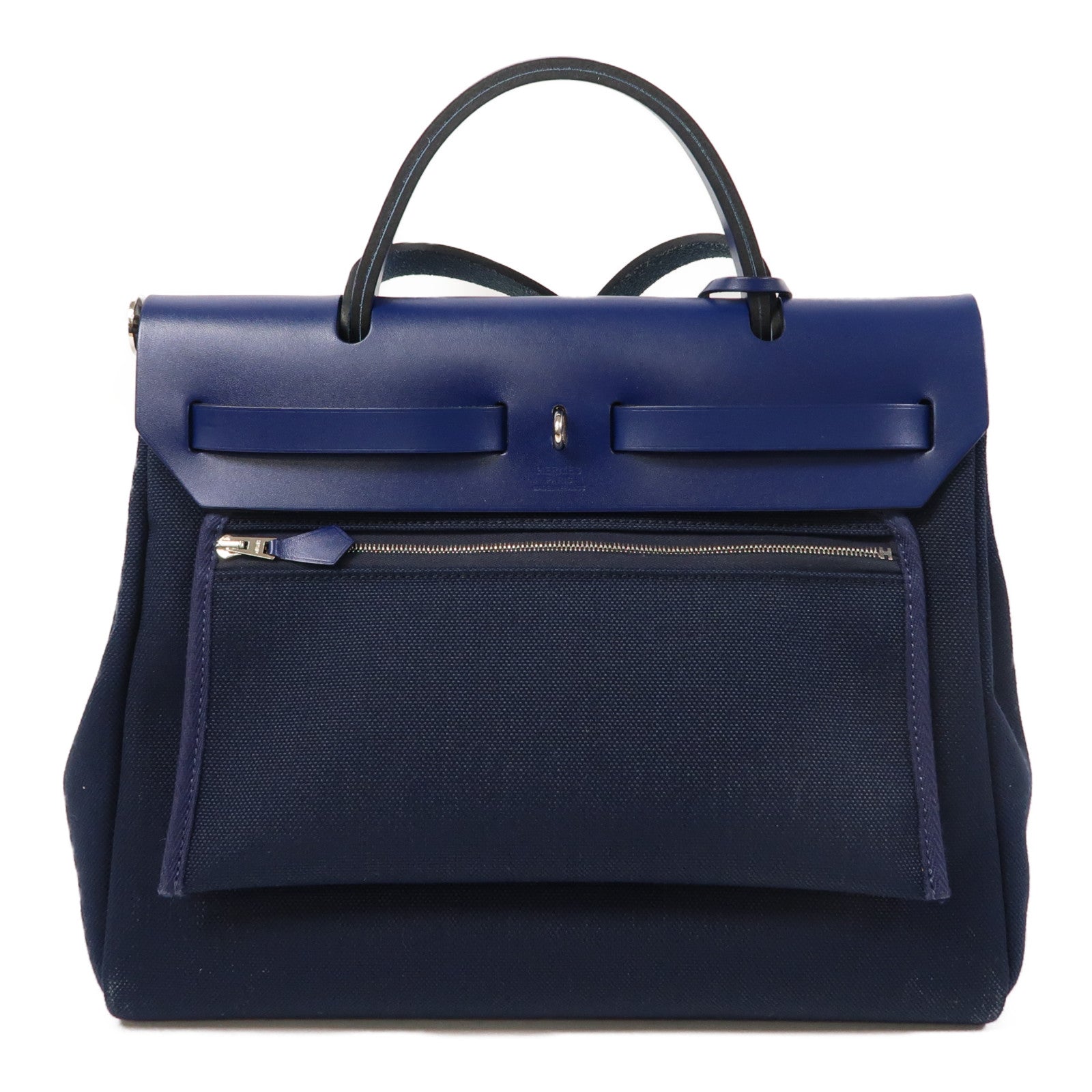 HERMES 帆布/皮革Herbag PM銀扣手挽肩背兩用袋寶石藍色