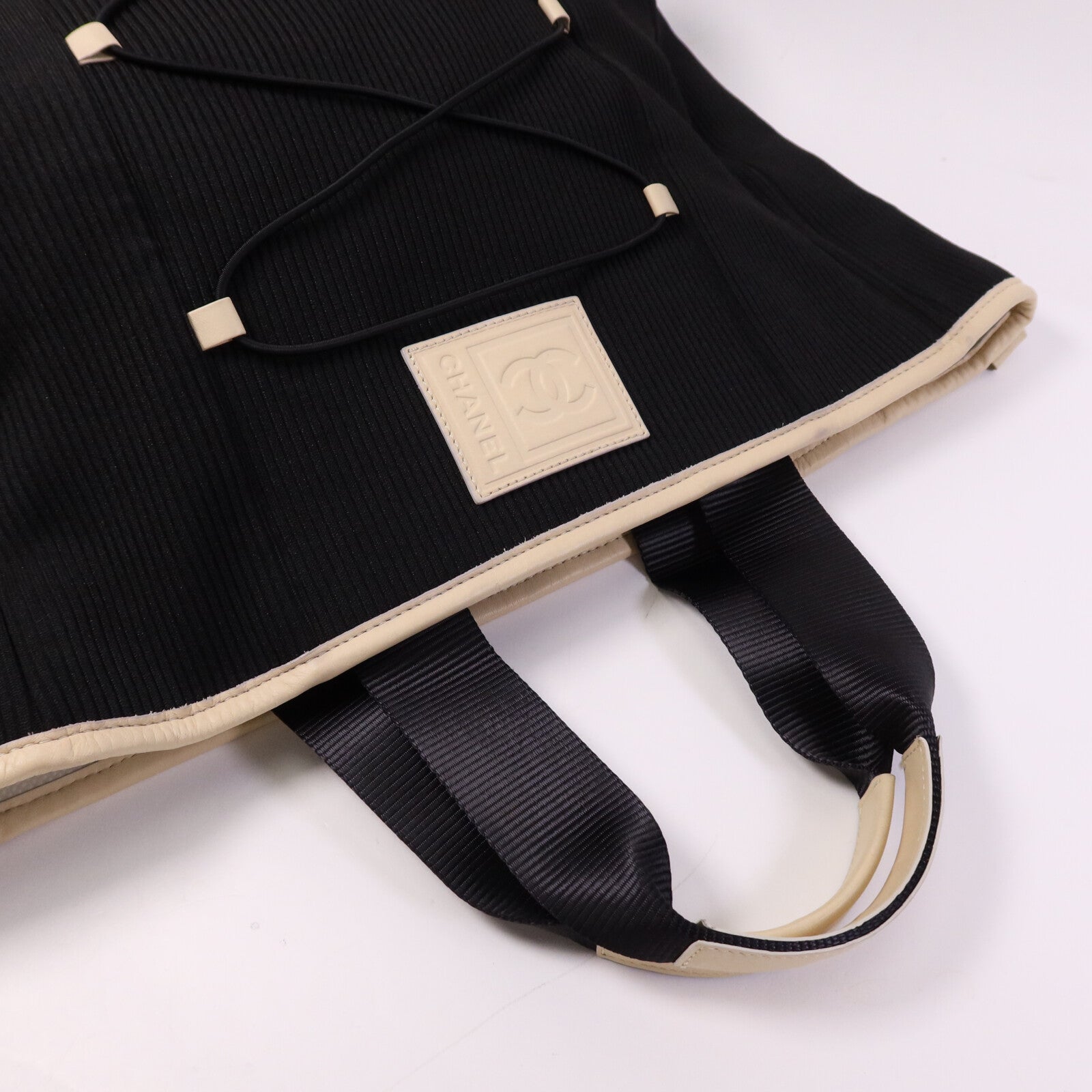 CHANEL 牛皮皮革/帆布Tote Bag銀扣肩背袋