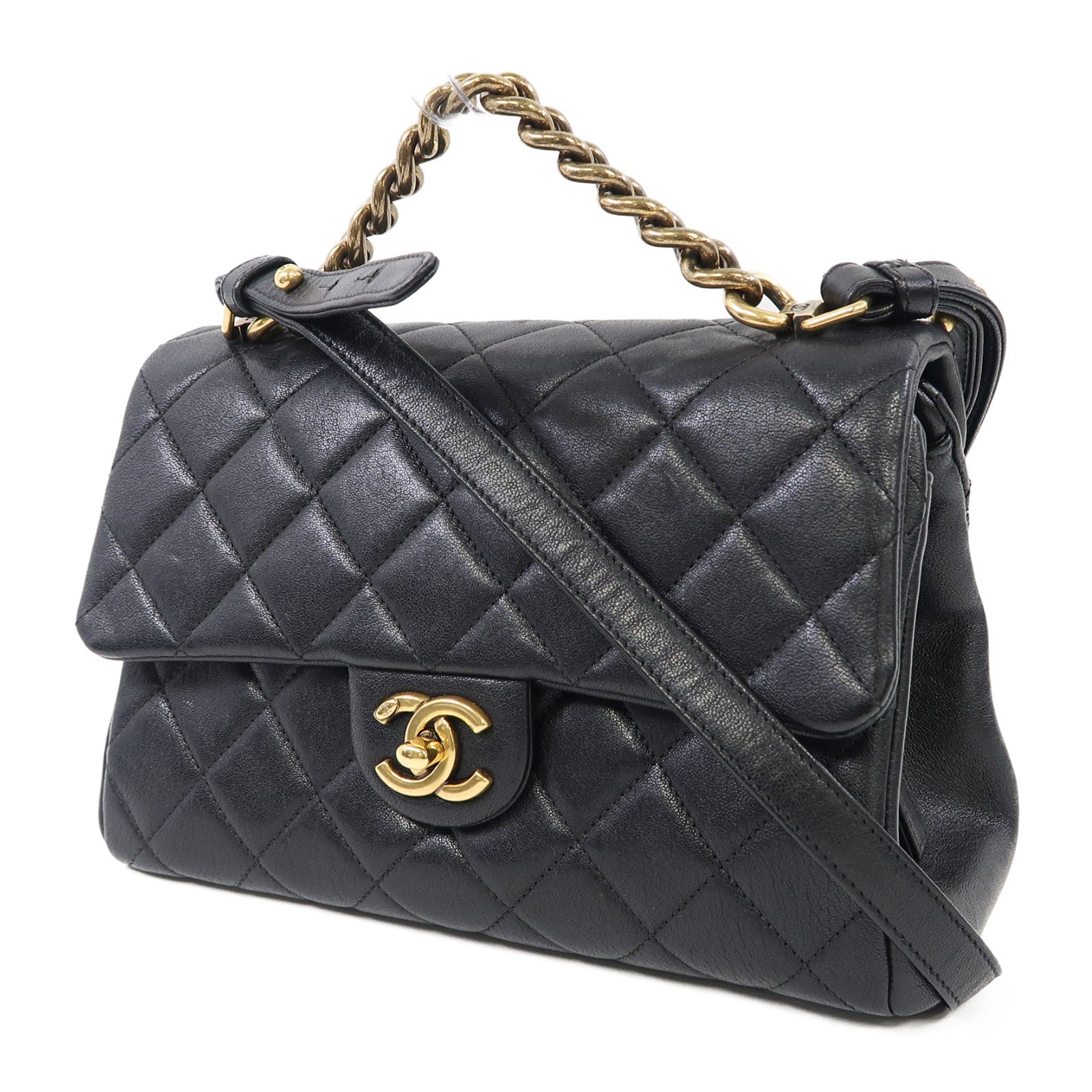 CHANEL 菱格牛皮皮革Shoulder Bag金扣手挽肩背兩用袋黑色