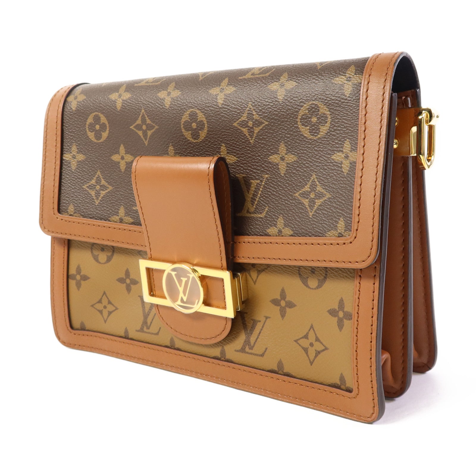 LOUIS VUITTON Monogram/Monogram Reverse Dauphine MM金扣手挽肩背兩用袋棕色