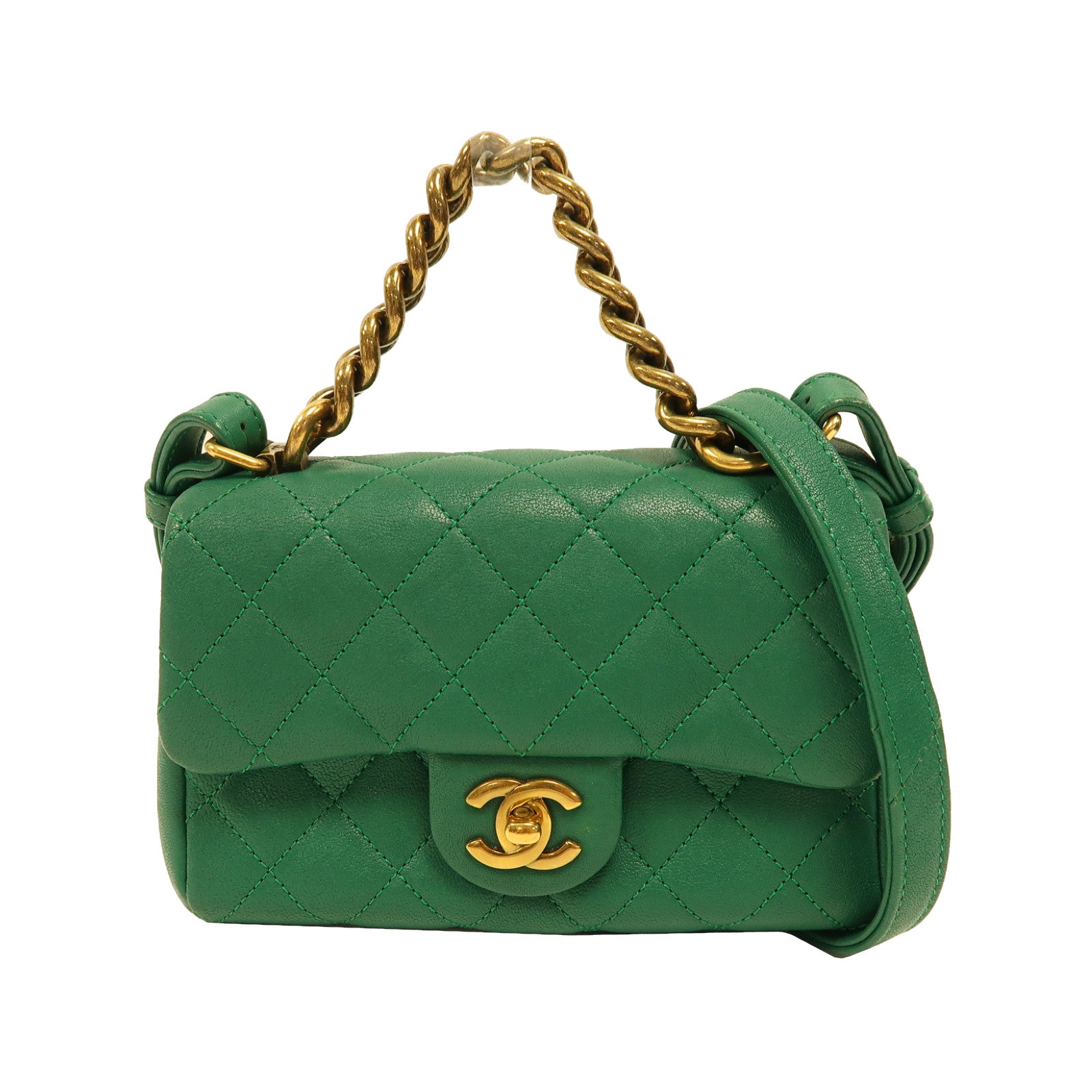 CHANEL 菱格牛皮皮革Chain Shoulder金扣手挽肩背兩用袋綠色