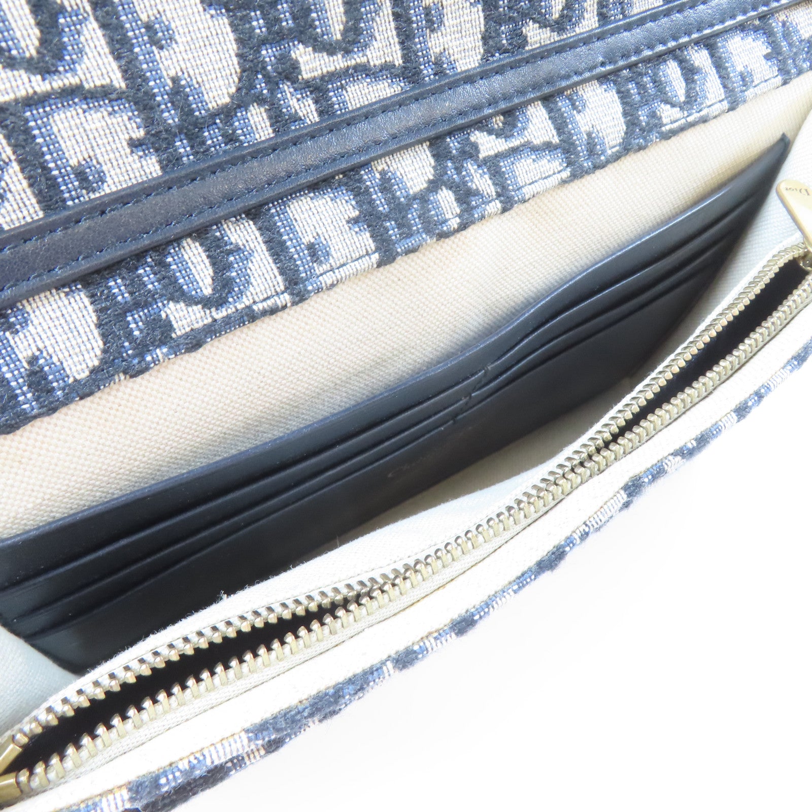 Dior 帆布Oblique Saddle金扣鏈帶肩背袋深藍色/米色