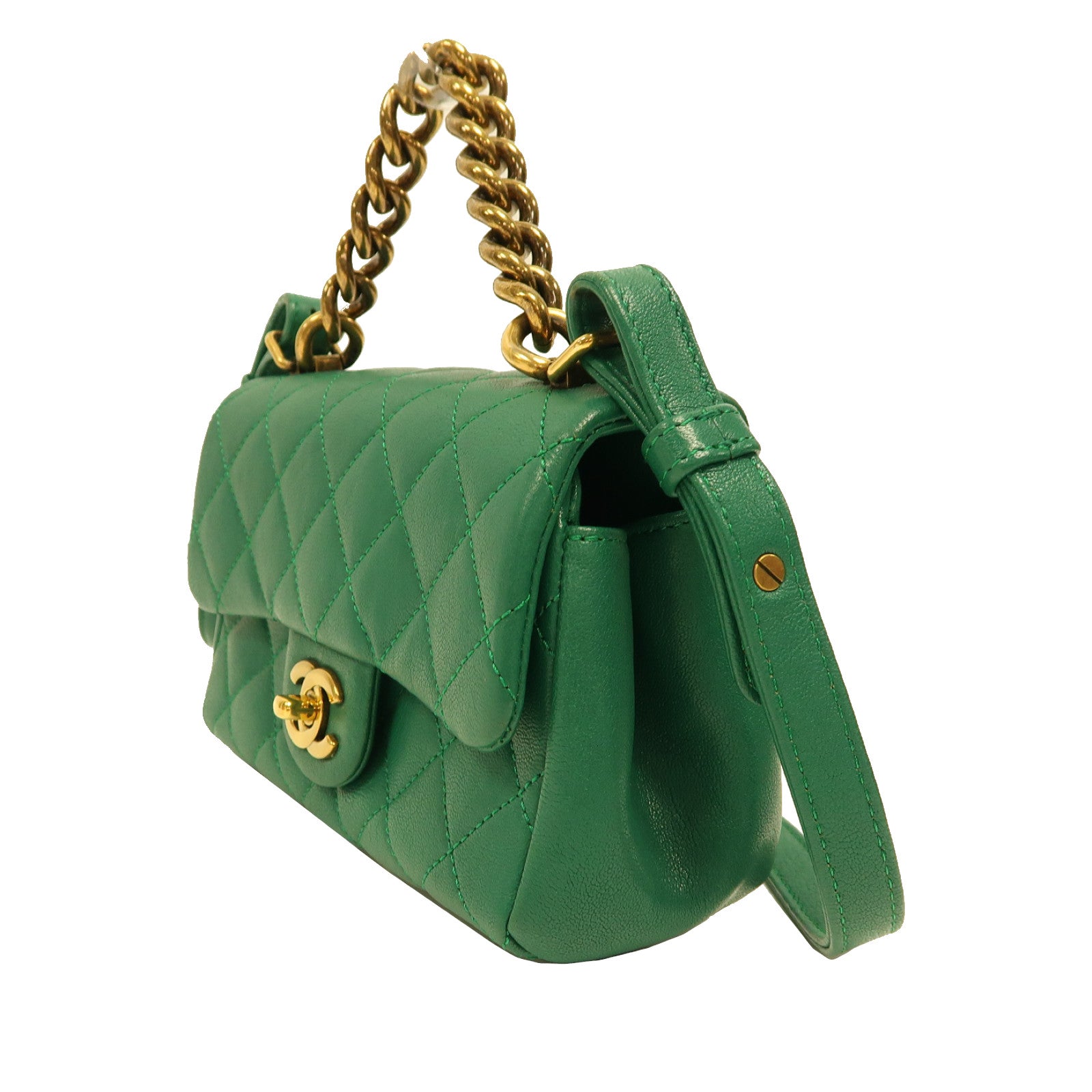 CHANEL 菱格牛皮皮革Chain Shoulder金扣手挽肩背兩用袋綠色