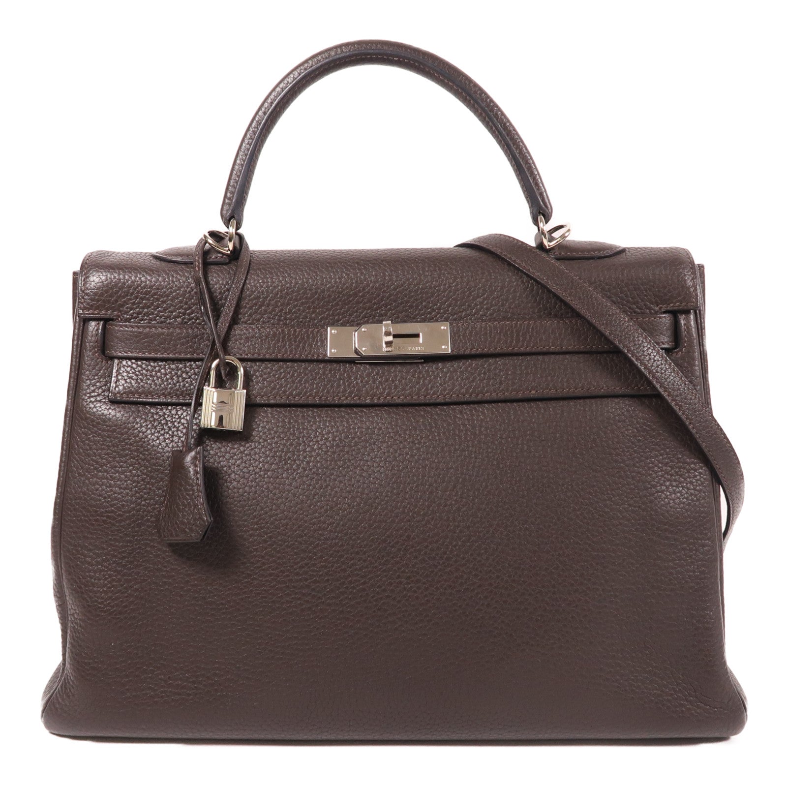 HERMES Clemence皮革銀扣Kelly 35手挽肩背兩用袋Chocolate/深棕色