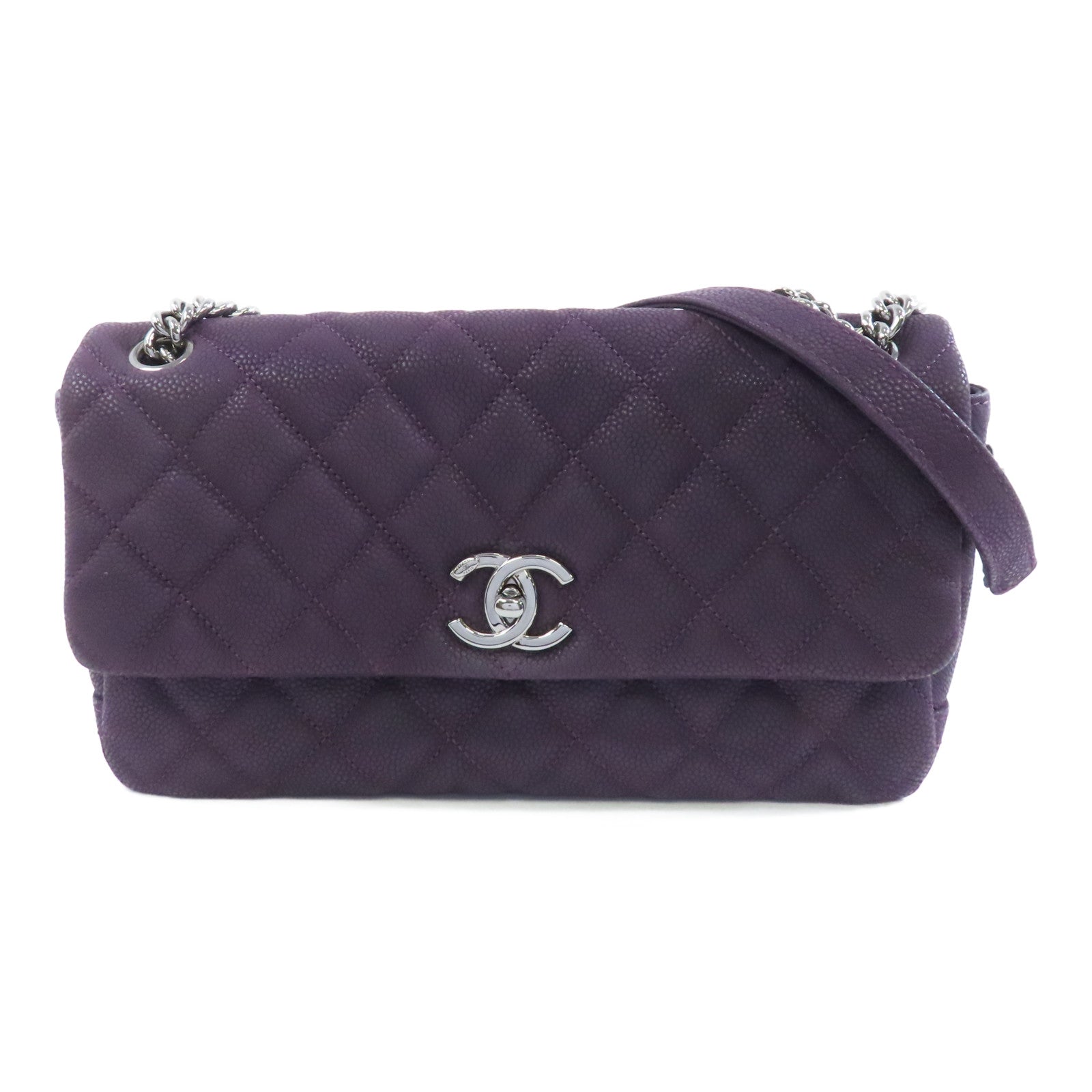 CHANEL 菱格Caviar皮革Chain Shoulder銀扣鏈帶肩背袋紫色
