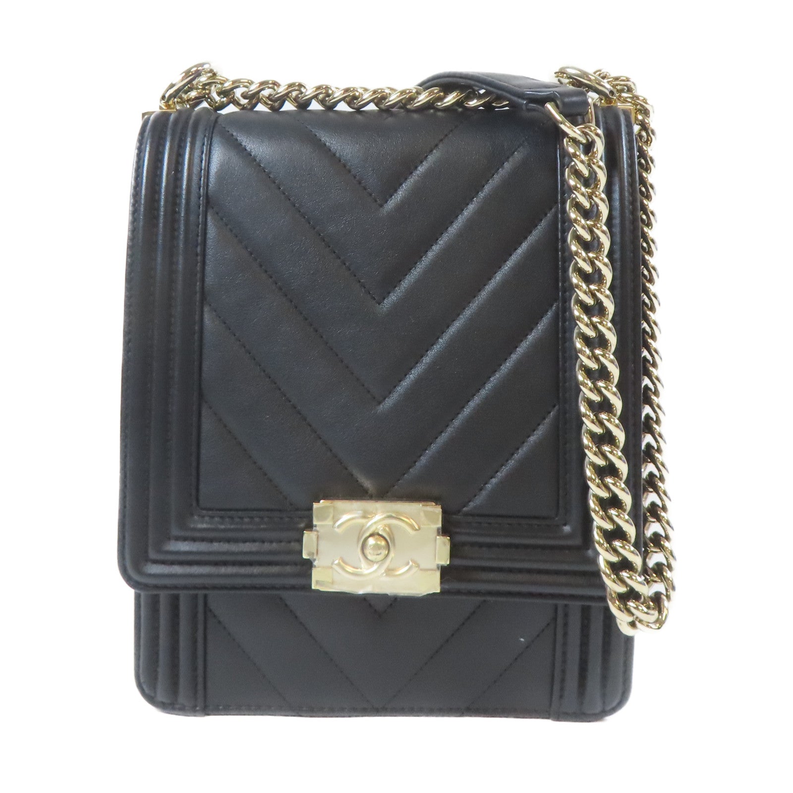 CHANEL 斜紋牛皮皮革Boy Chanel金扣鏈帶肩背袋黑色