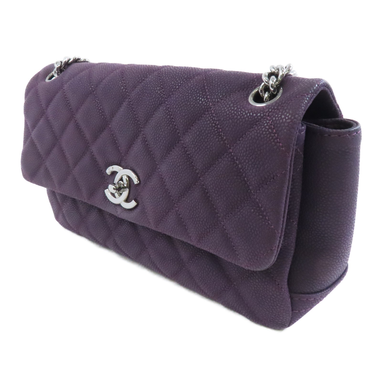 CHANEL 菱格Caviar皮革Chain Shoulder銀扣鏈帶肩背袋紫色
