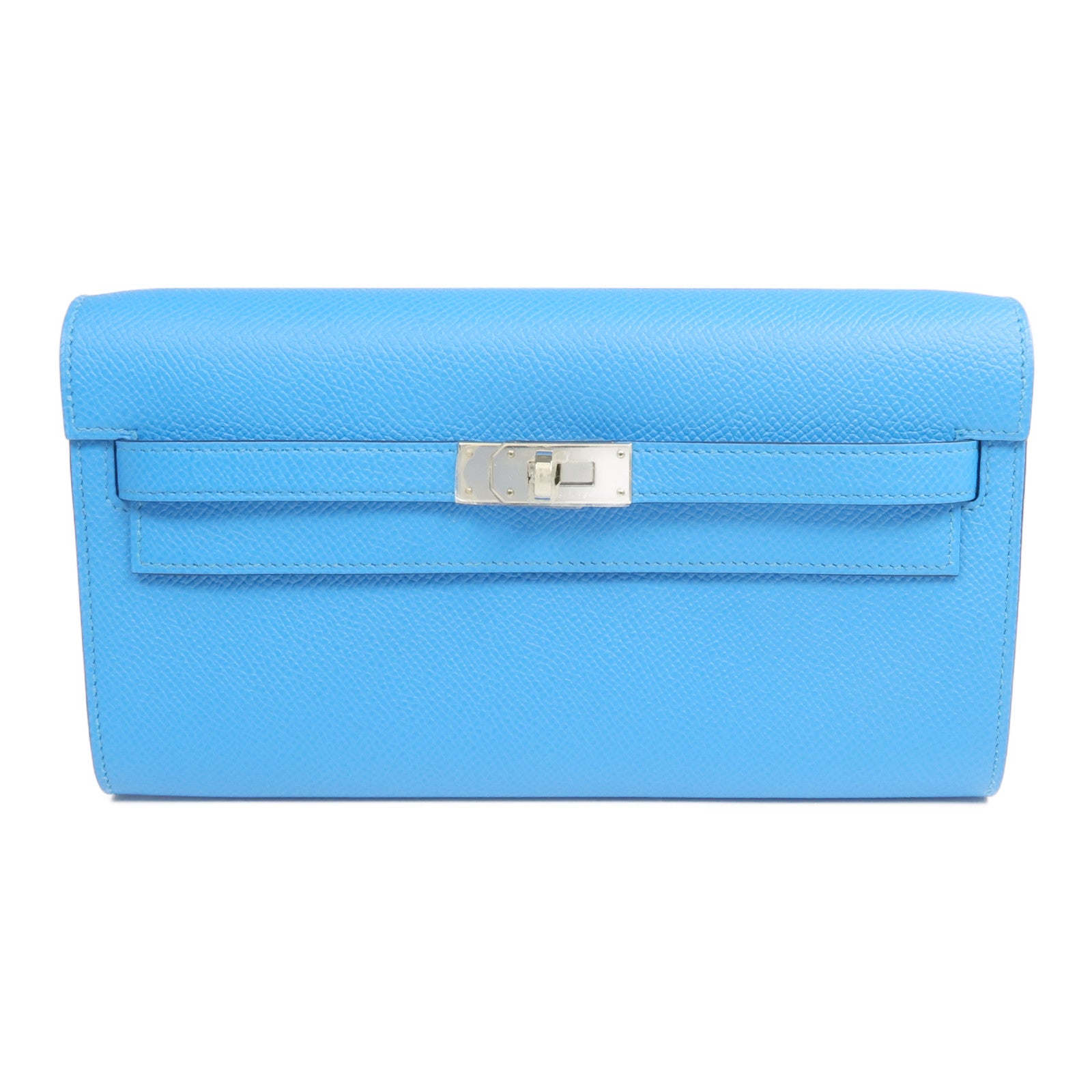 HERMES Epsom皮革Kelly To Go銀扣肩背袋Bleu Frida/Rouge Sellier