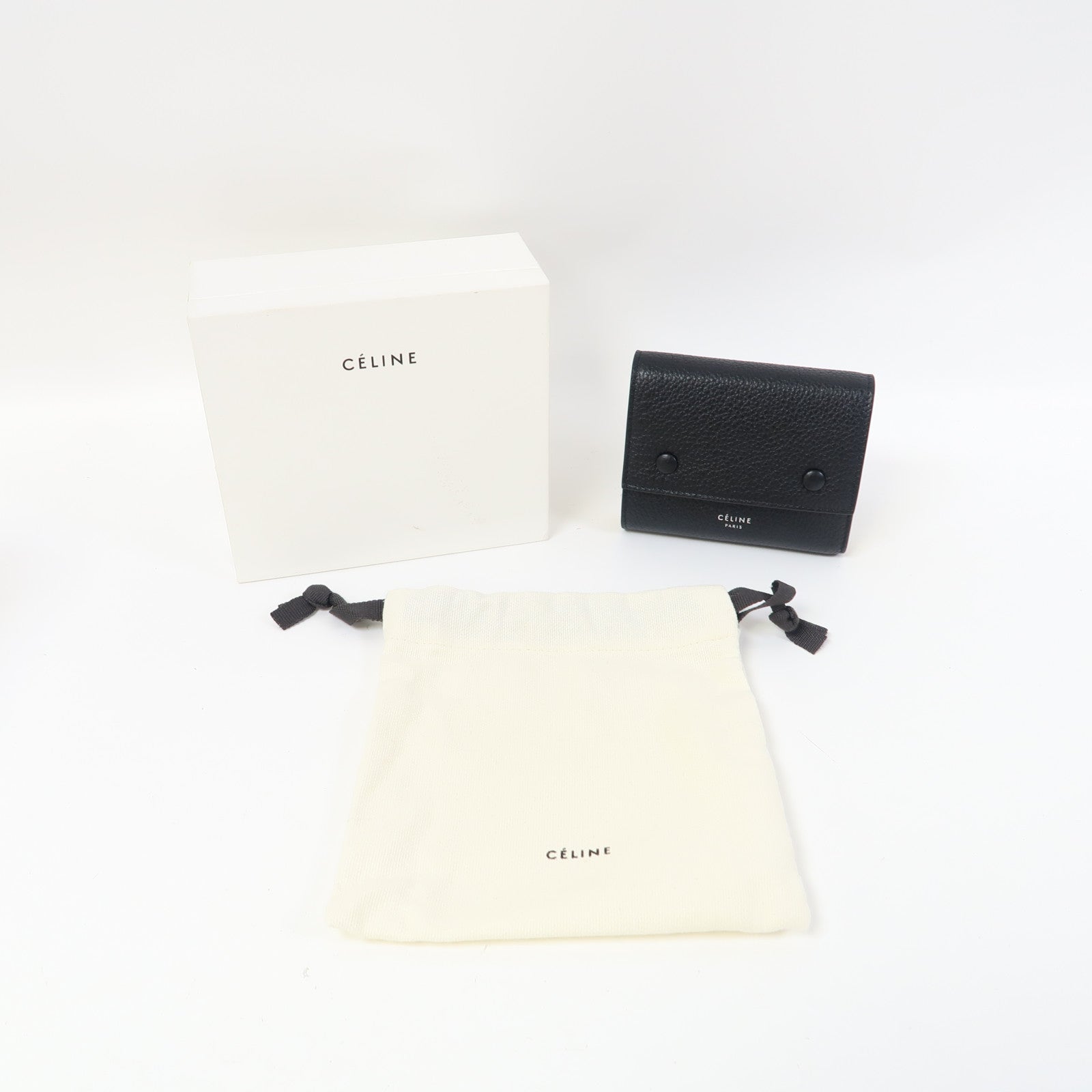 CELINE 牛皮皮革Wallet銀扣三摺錢包黑色/黃色