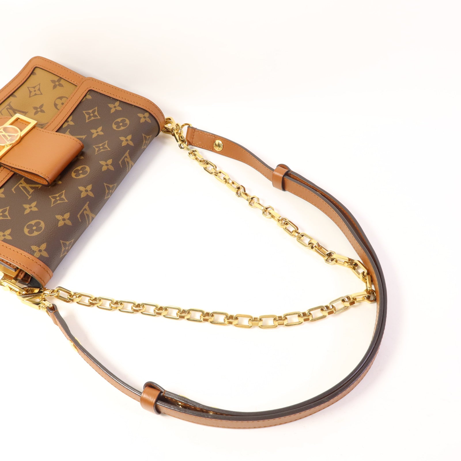 LOUIS VUITTON Monogram/Monogram Reverse Dauphine MM金扣手挽肩背兩用袋棕色
