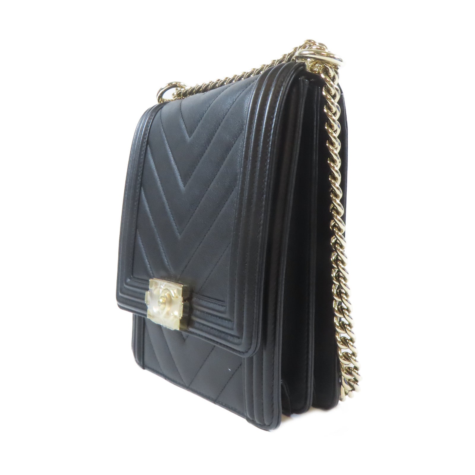 CHANEL 斜紋牛皮皮革Boy Chanel金扣鏈帶肩背袋黑色