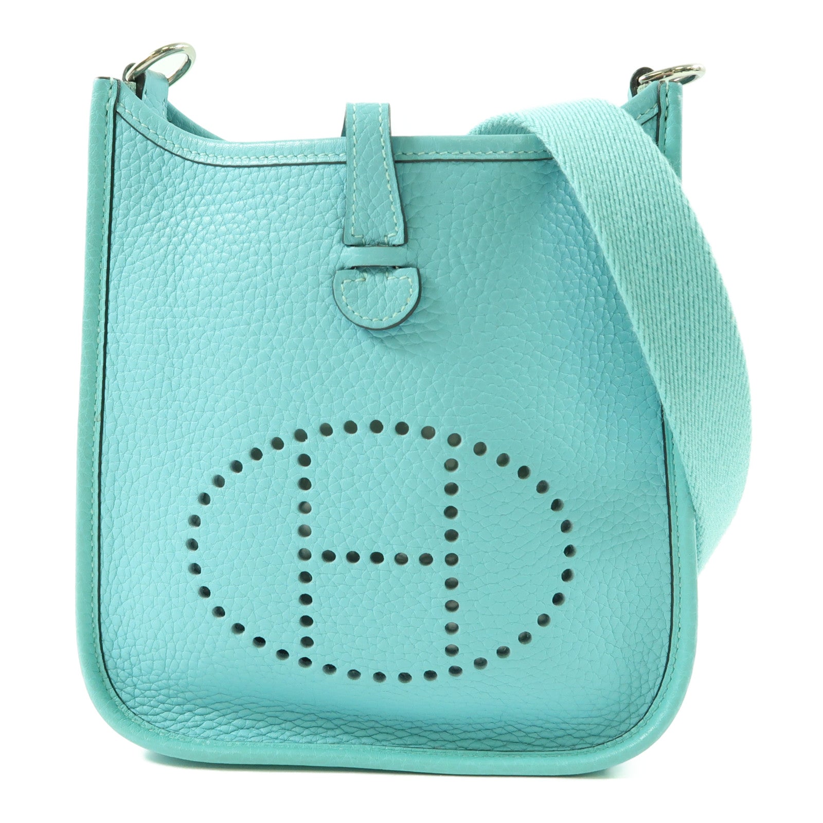 HERMES Clemence皮革Mini Evelyne TPM銀扣肩背袋Bleu Atoll/綠松石色