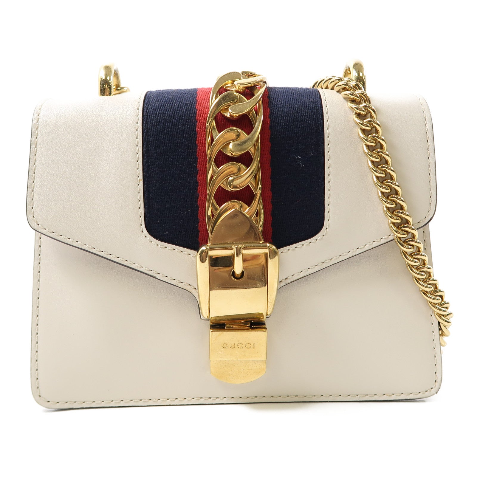 GUCCI 牛皮皮革Sylvie Top Handle金扣鏈帶肩背袋白色