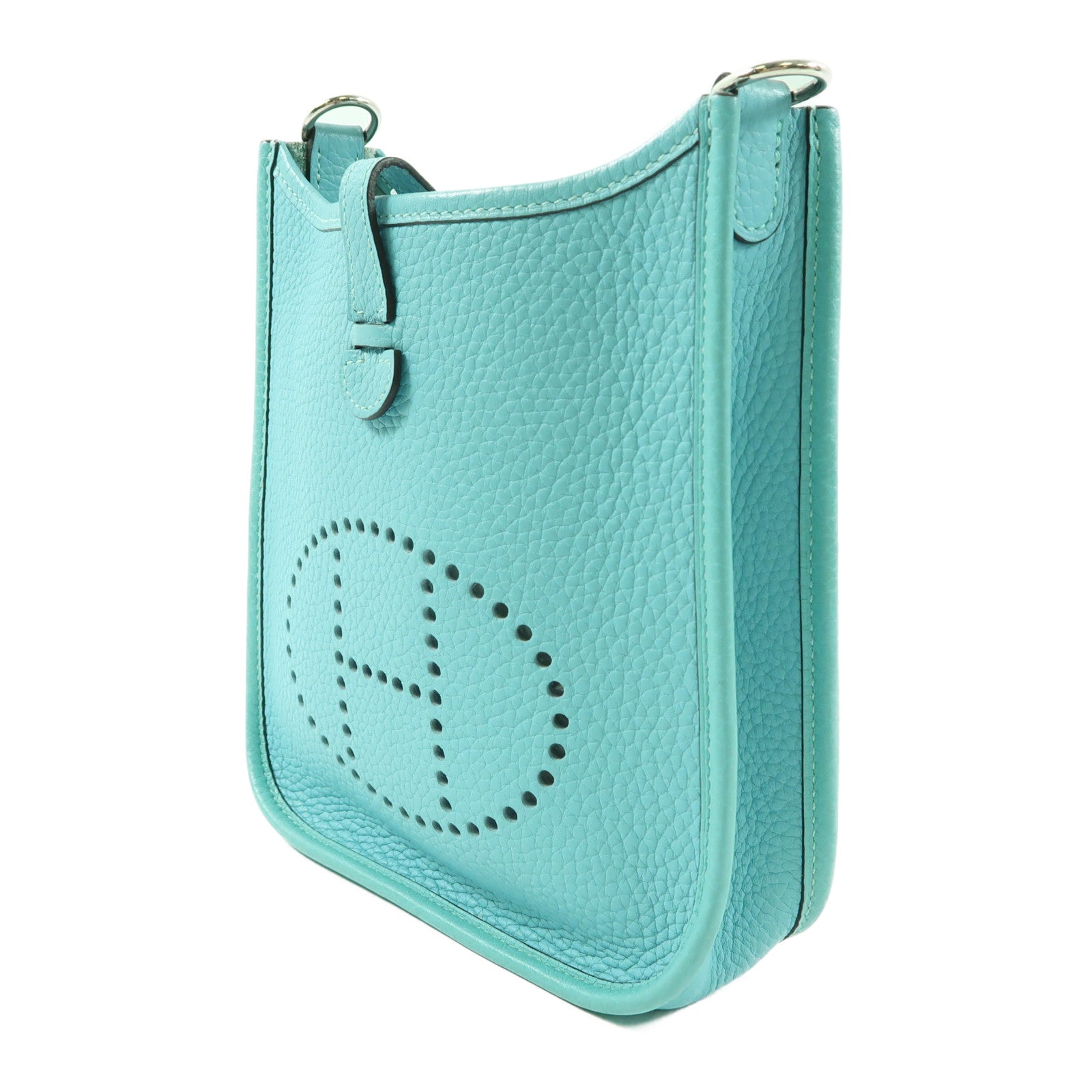 HERMES Clemence皮革Mini Evelyne TPM銀扣肩背袋Bleu Atoll/綠松石色