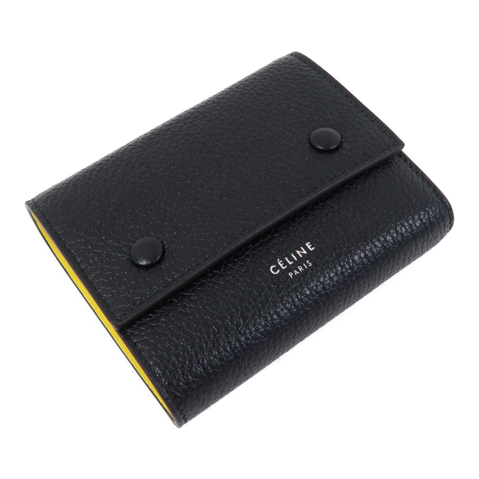 CELINE 牛皮皮革Wallet銀扣三摺錢包黑色/黃色