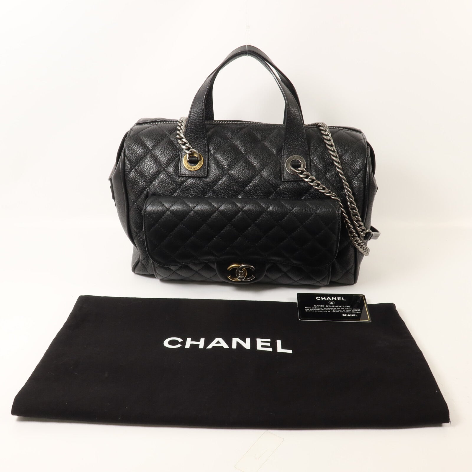 CHANEL 牛皮皮革Boston Bag鏈帶手挽肩背兩用袋