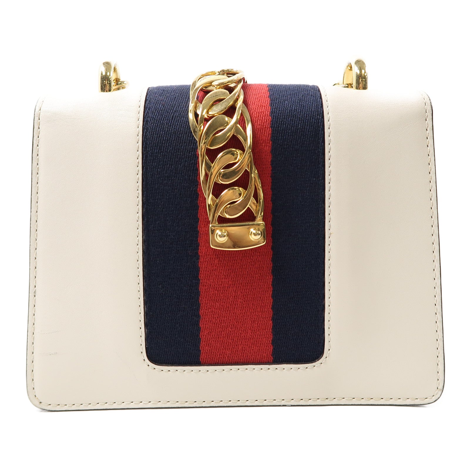 GUCCI 牛皮皮革Sylvie Top Handle金扣鏈帶肩背袋白色