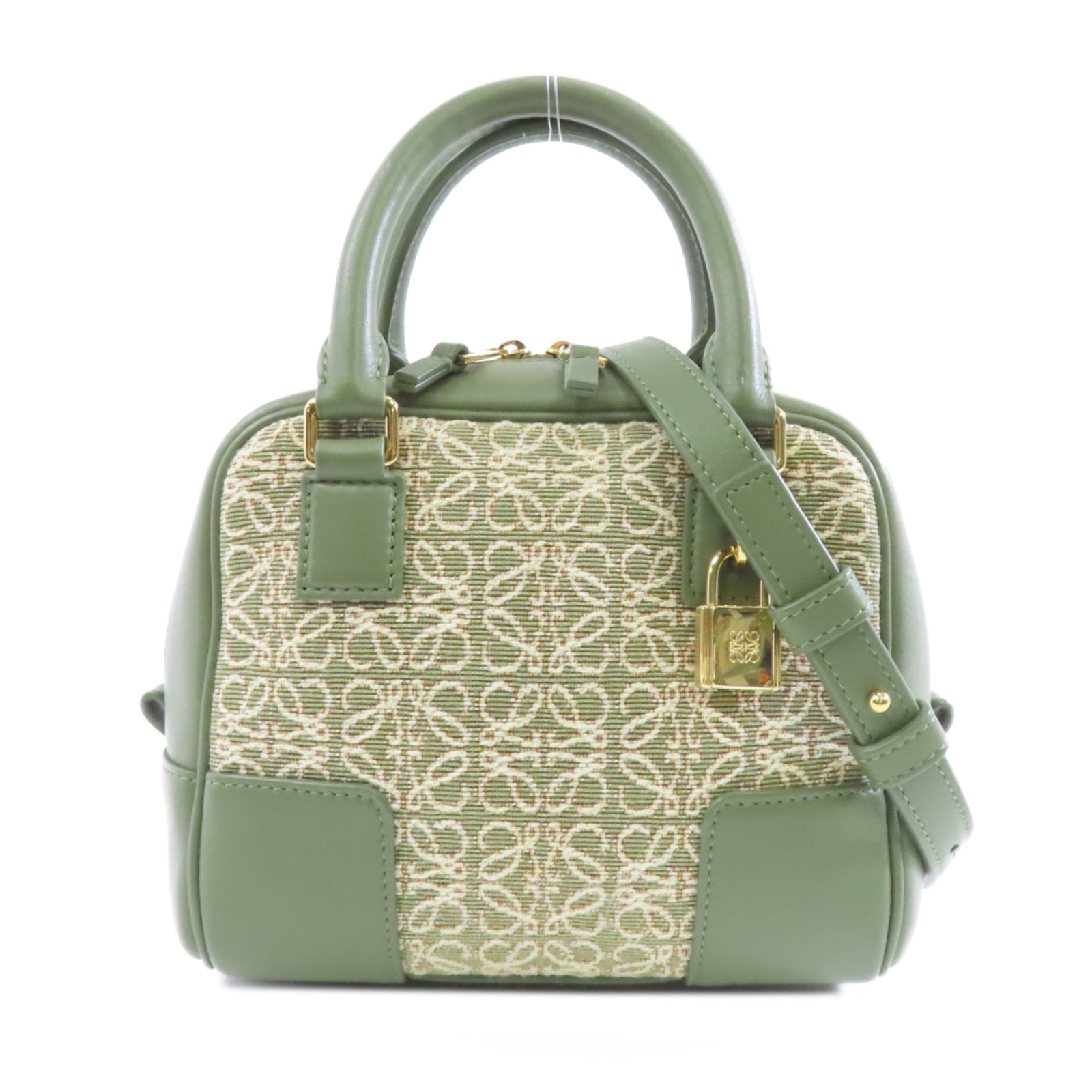 LOEWE 帆布/牛皮皮革Amazona 16金扣手挽肩背兩用袋綠色