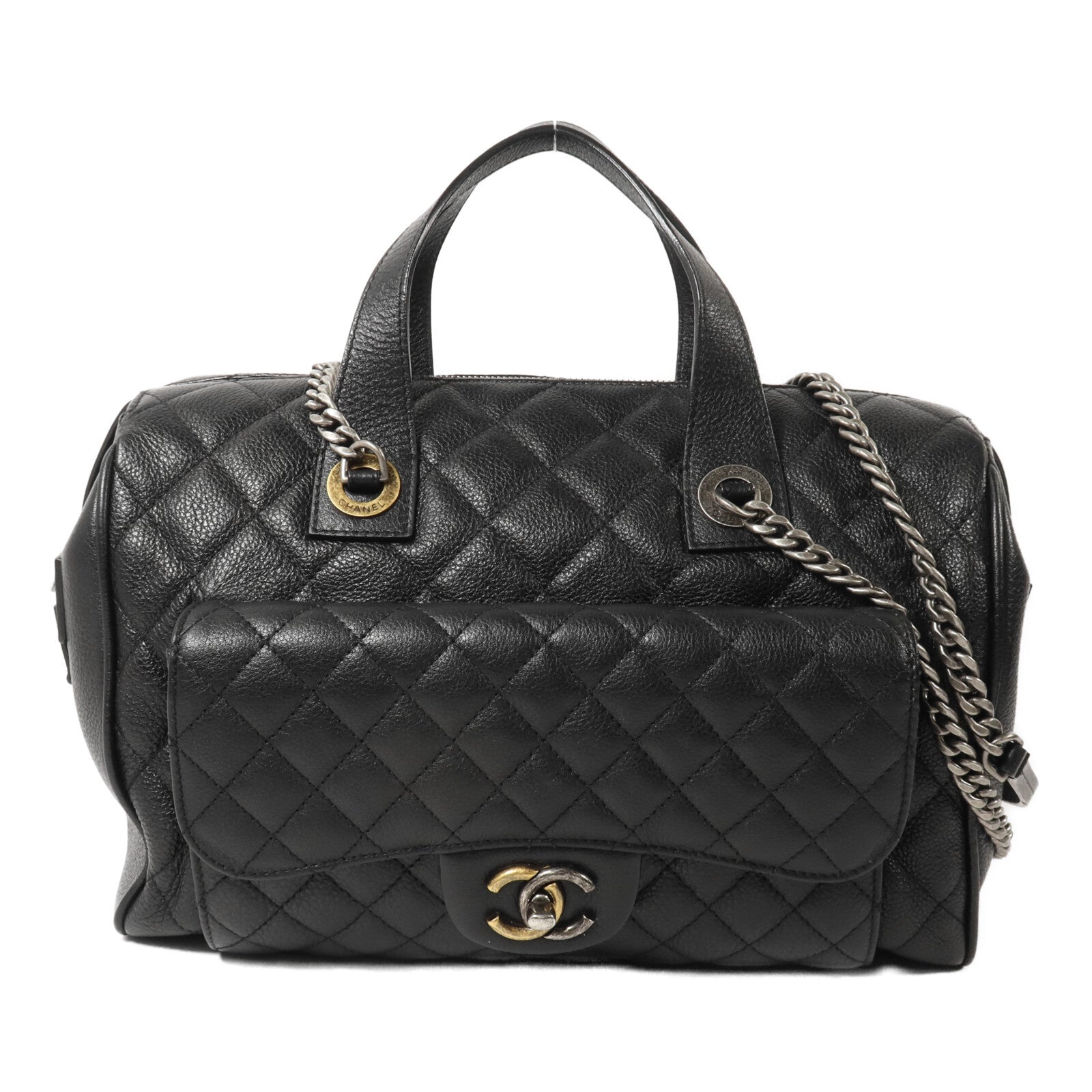 CHANEL 牛皮皮革Boston Bag鏈帶手挽肩背兩用袋