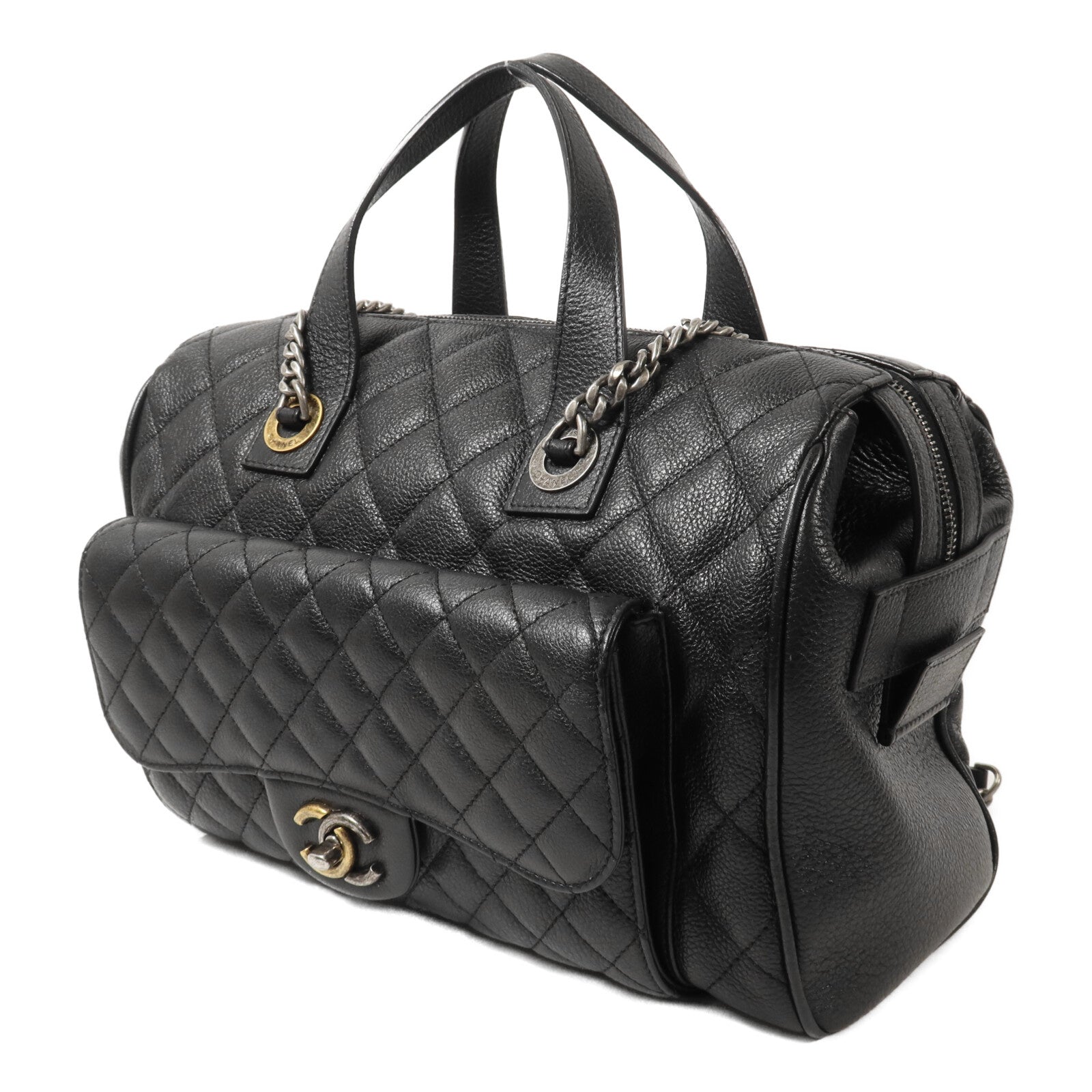 CHANEL 牛皮皮革Boston Bag鏈帶手挽肩背兩用袋