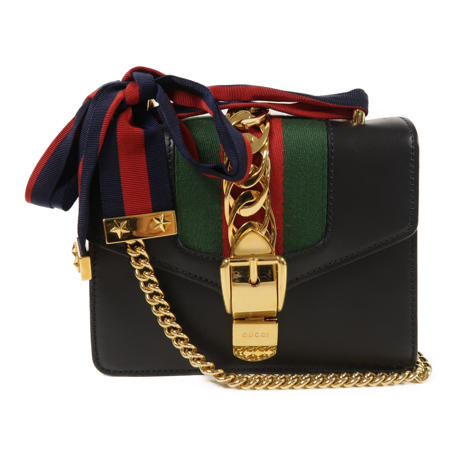 GUCCI GG GHW Sylvie Shoulder Bag Calfskin Leather Black