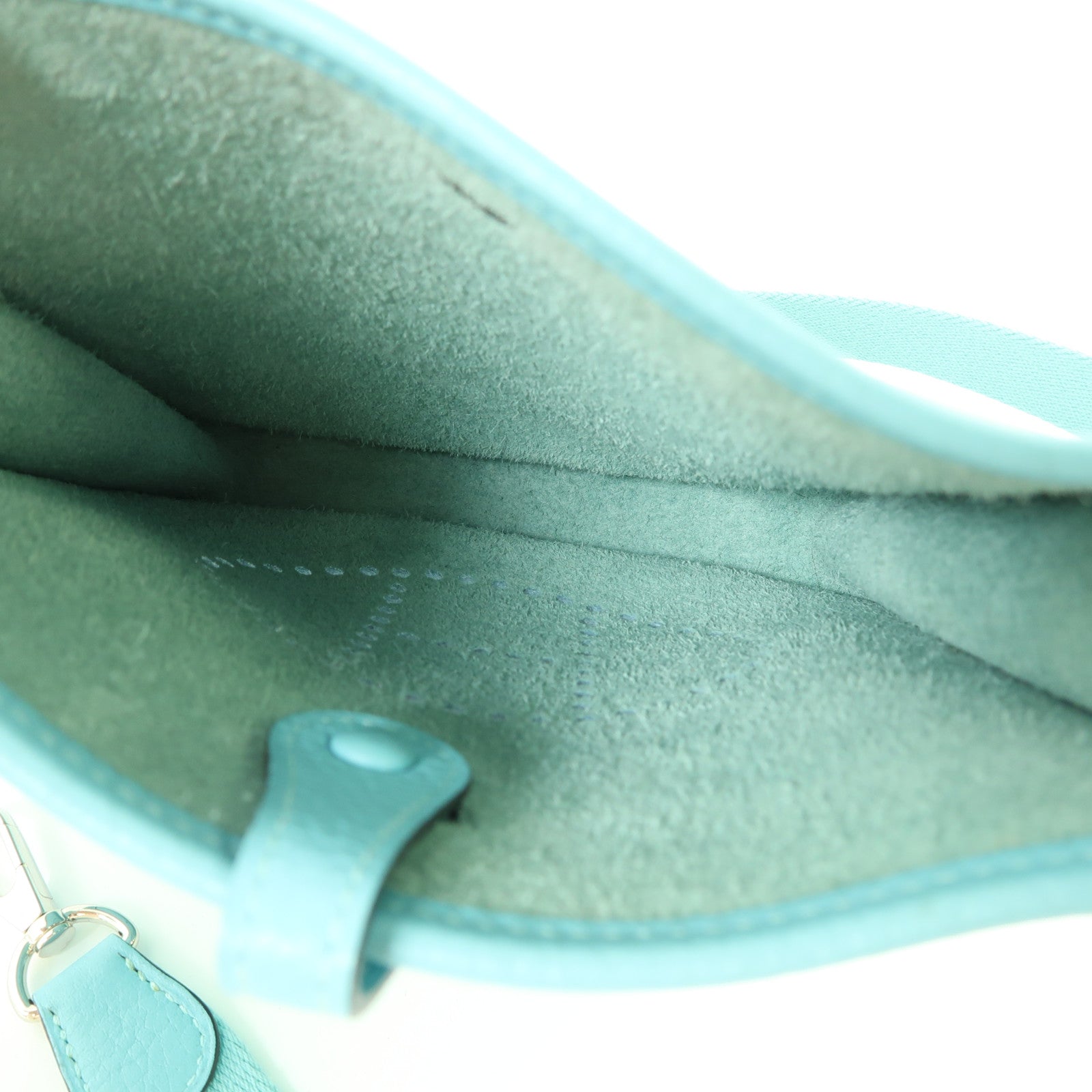 HERMES Clemence皮革Mini Evelyne TPM銀扣肩背袋Bleu Atoll/綠松石色