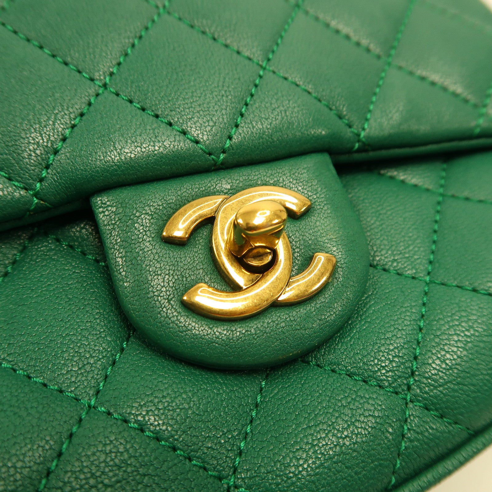 CHANEL 菱格牛皮皮革Chain Shoulder金扣手挽肩背兩用袋綠色