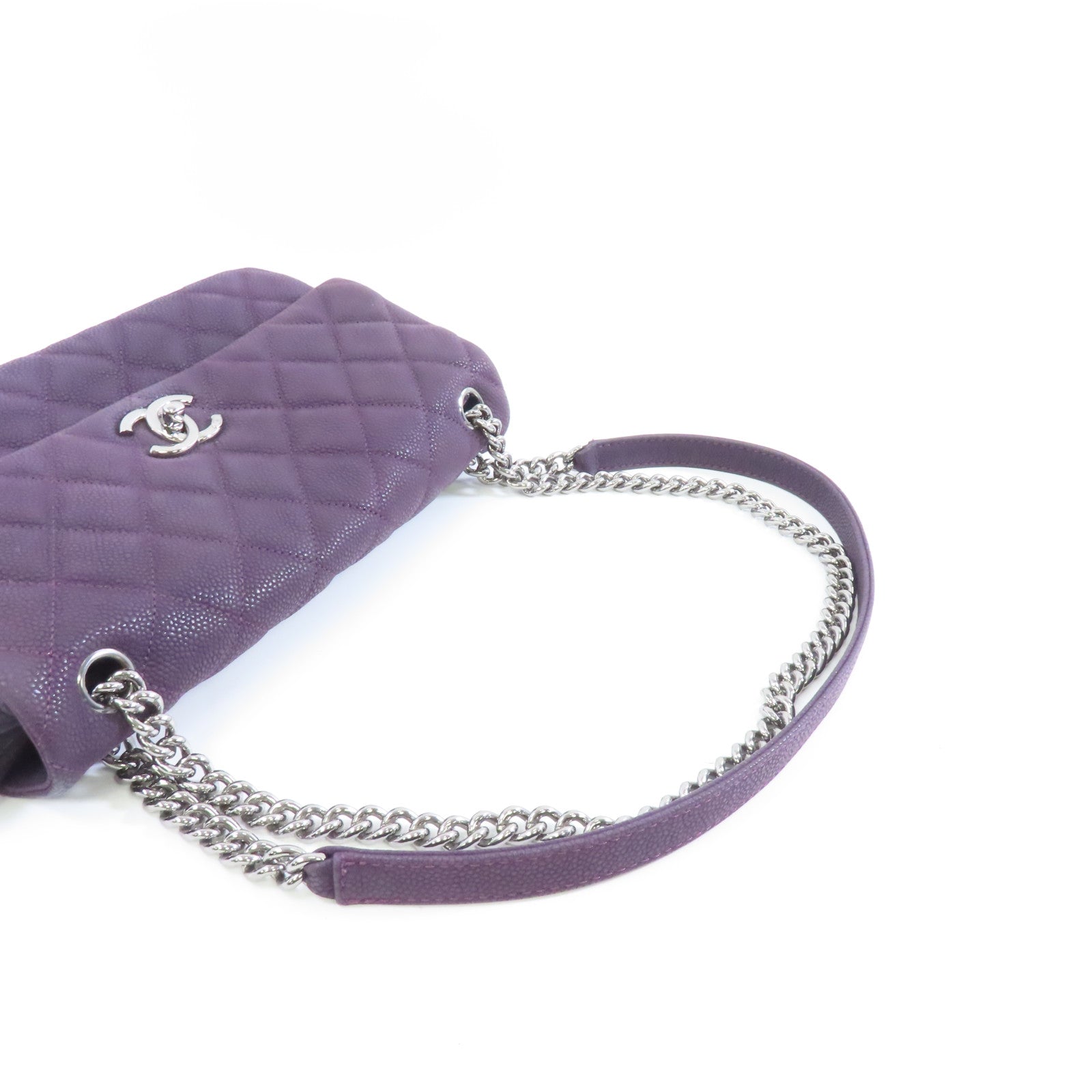 CHANEL 菱格Caviar皮革Chain Shoulder銀扣鏈帶肩背袋紫色