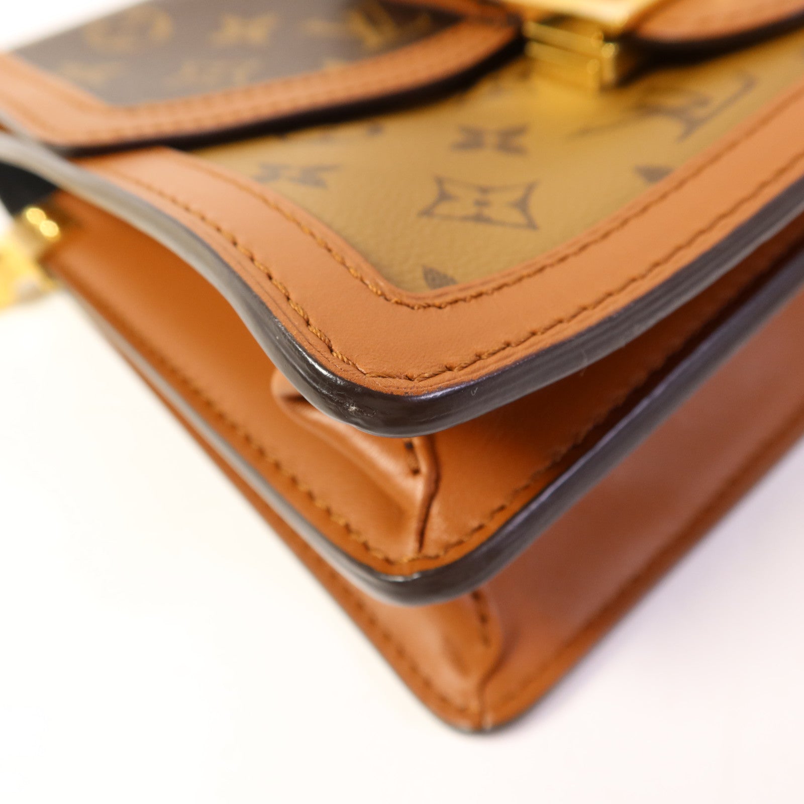 LOUIS VUITTON Monogram/Monogram Reverse Dauphine MM金扣手挽肩背兩用袋棕色
