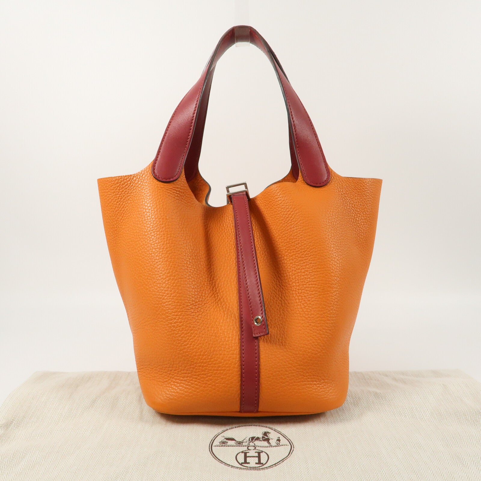 HERMES Clemence皮革Picotin MM銀扣手挽袋Rouge Grenade/Orange
