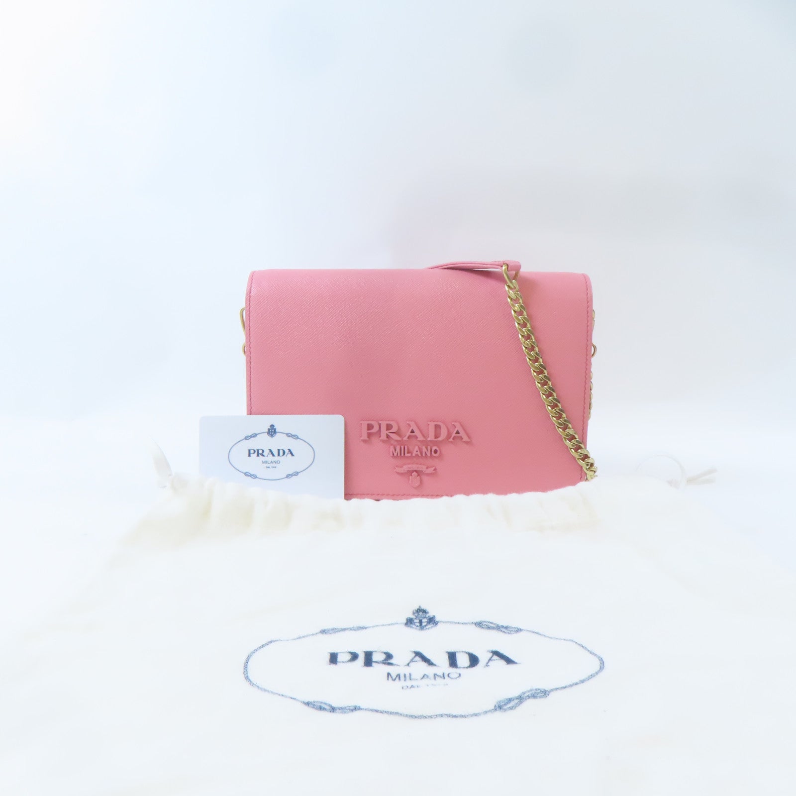 PRADA Saffiano皮革Borsa Portafoglio金扣鏈帶肩背袋粉紅色