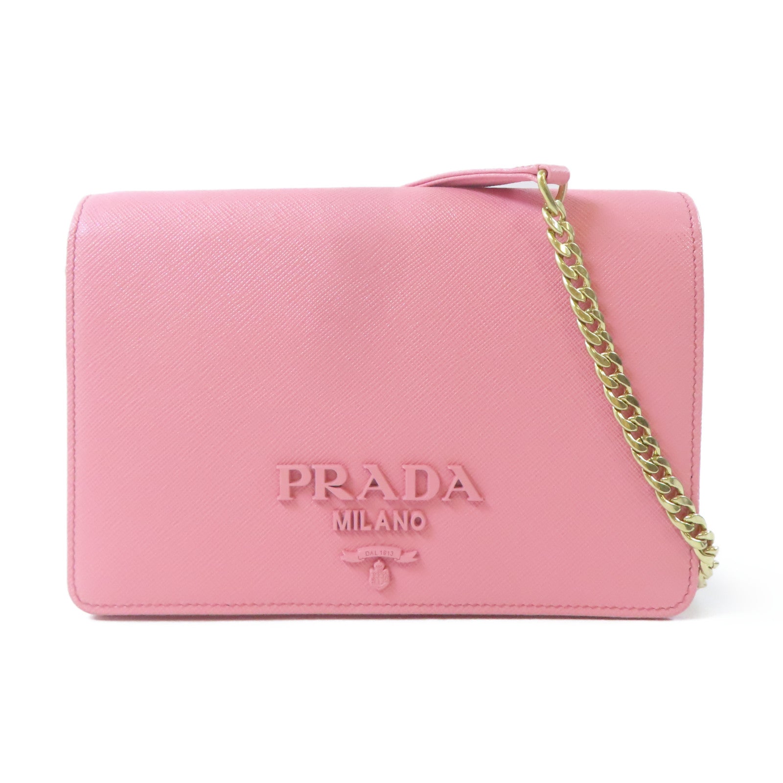 PRADA Saffiano皮革Borsa Portafoglio金扣鏈帶肩背袋粉紅色