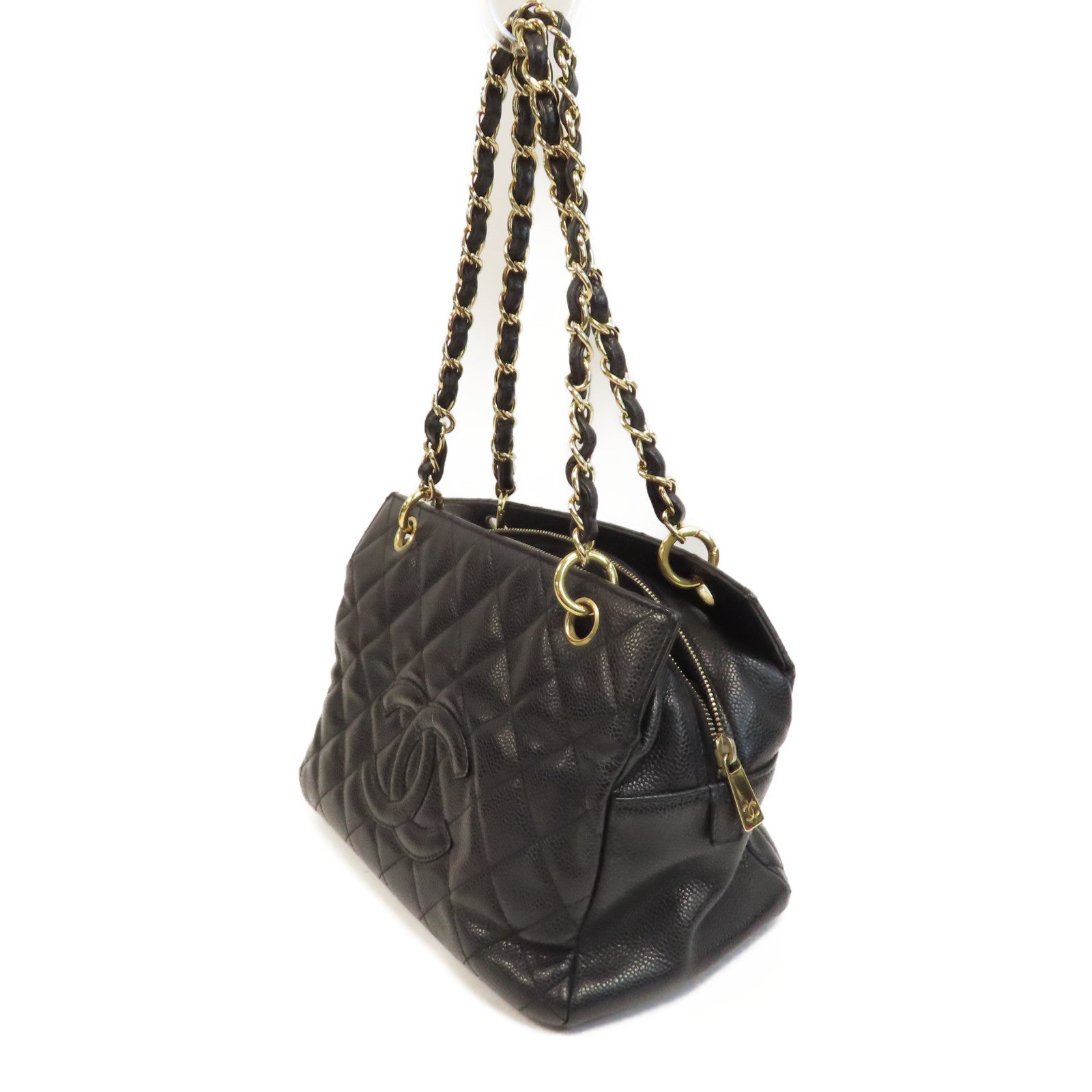 CHANEL 【激減優惠】菱格Caviar皮革Petite Timeless Tote金扣鏈帶手挽袋黑色