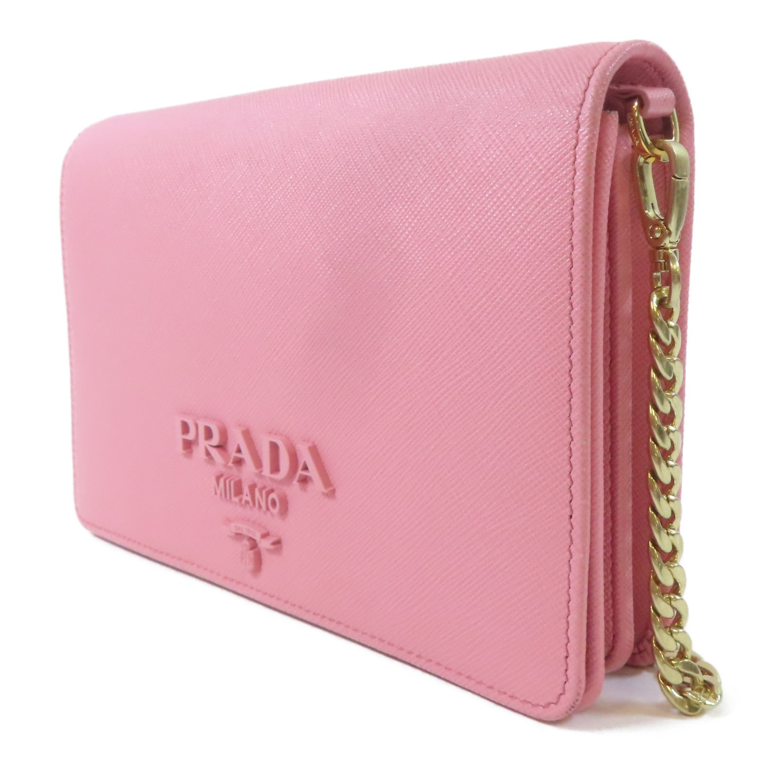 PRADA Saffiano皮革Borsa Portafoglio金扣鏈帶肩背袋粉紅色
