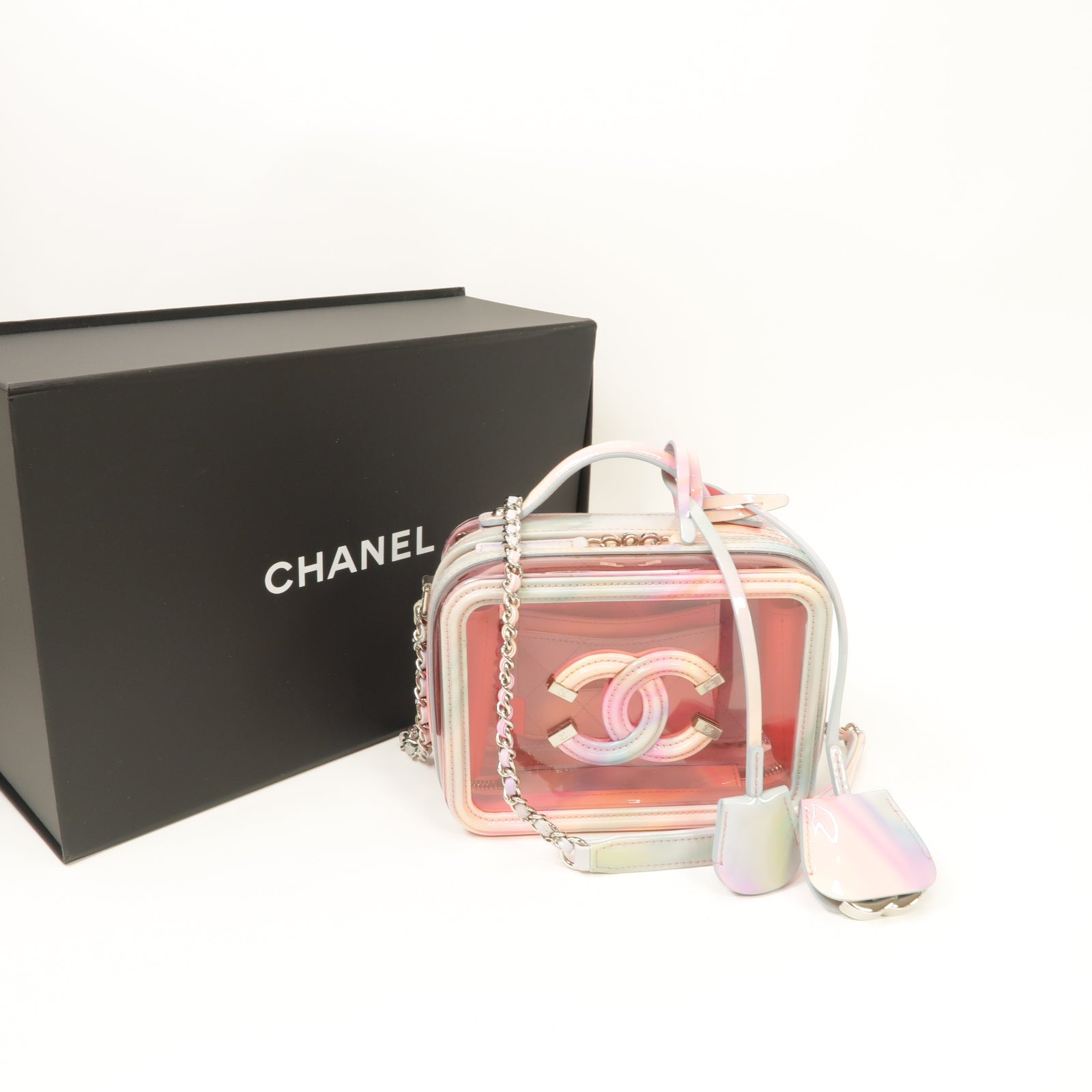 CHANEL PVC Vanity Case銀扣手挽肩背兩用袋粉紅色/綠色