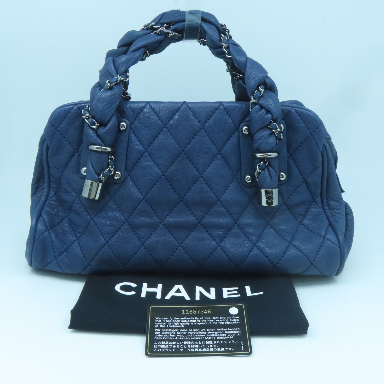 CHANEL rhombic cowhide leather Handbag silver buckle handle bag blue