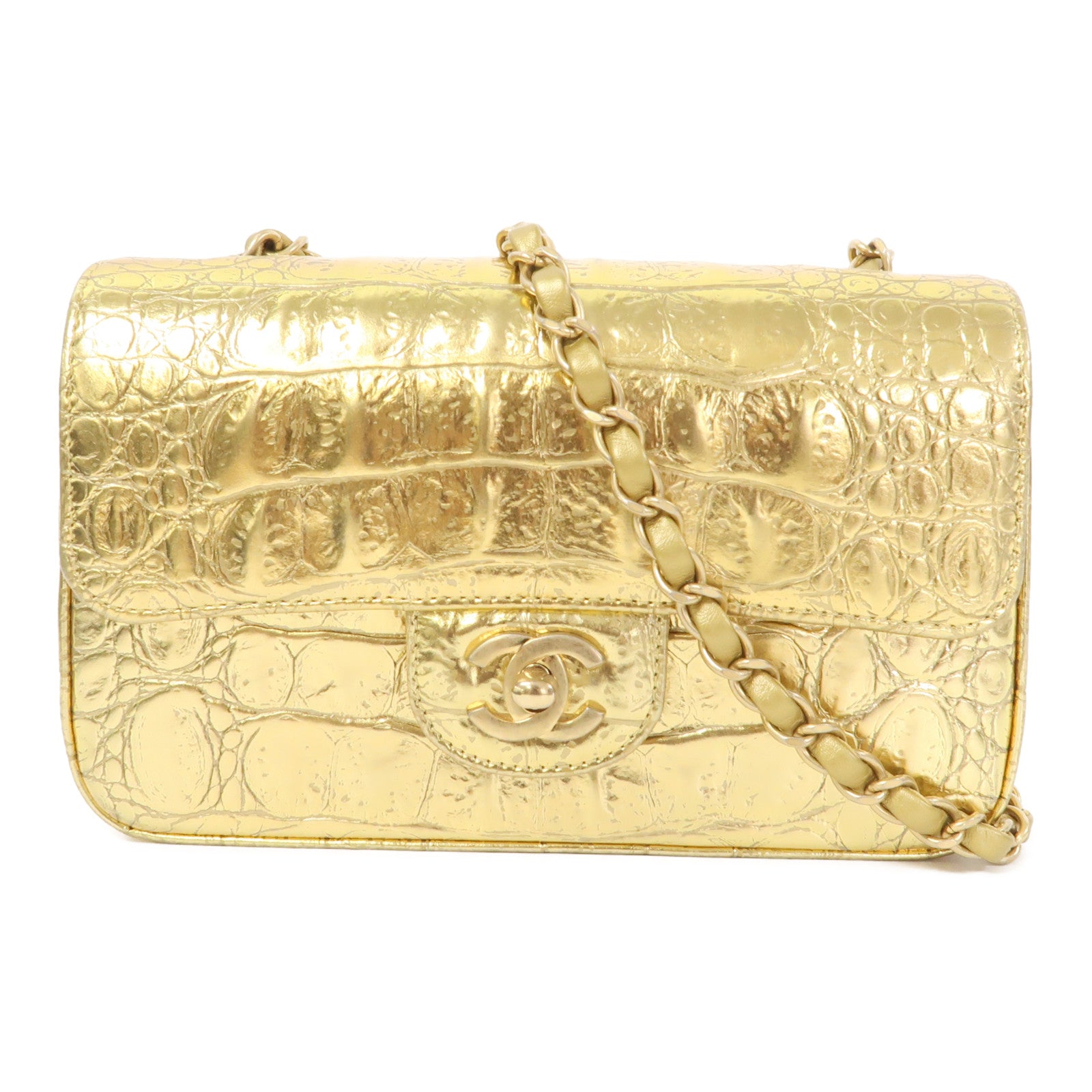 CHANEL 牛皮皮革Classic Flap 20金扣鏈帶肩背袋金色