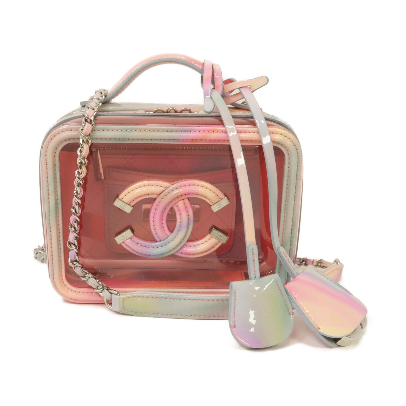 CHANEL PVC Vanity Case銀扣手挽肩背兩用袋粉紅色/綠色