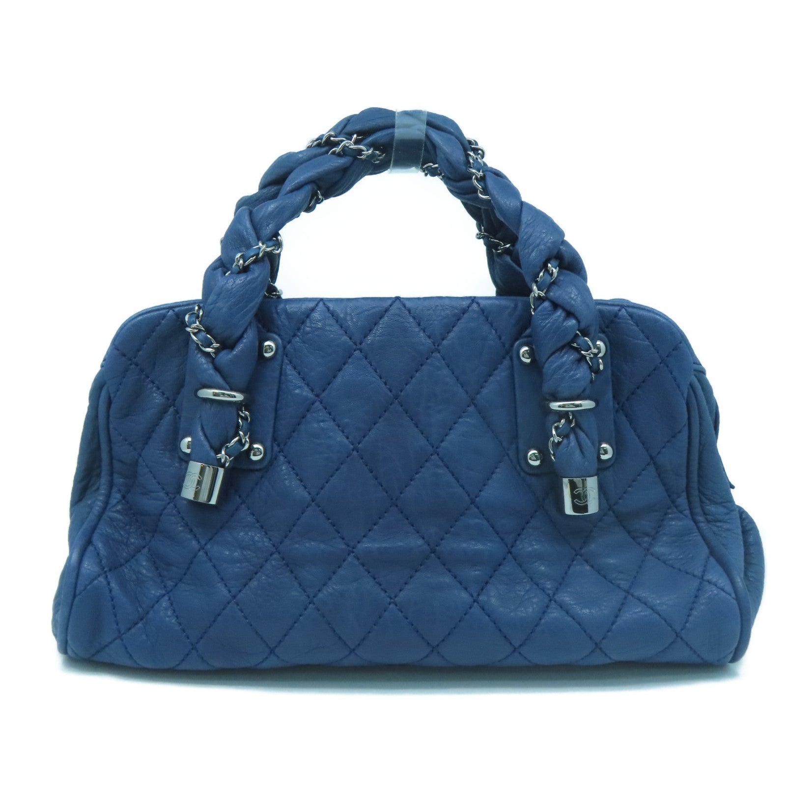 CHANEL rhombic cowhide leather Handbag silver buckle handle bag blue