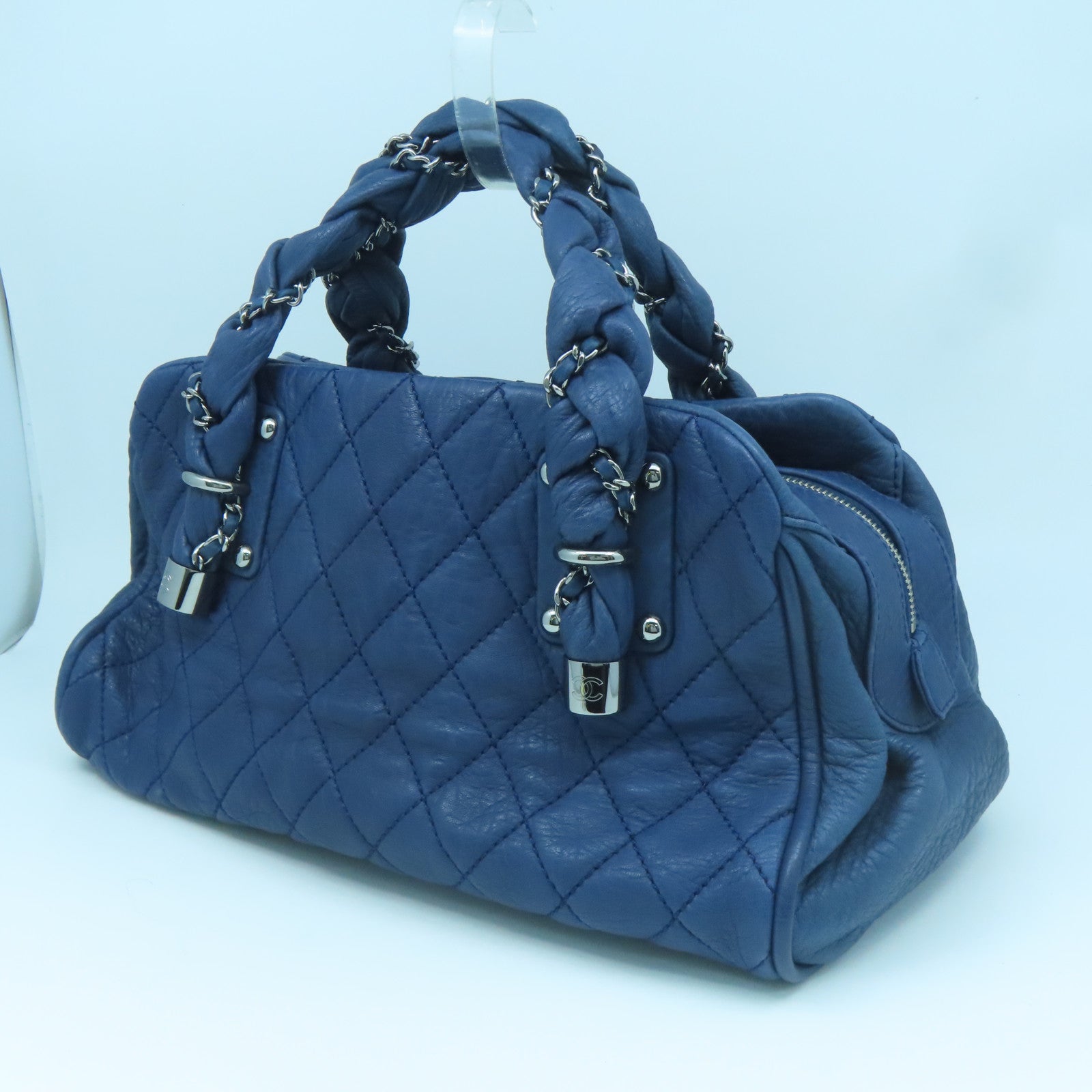CHANEL rhombic cowhide leather Handbag silver buckle handle bag blue
