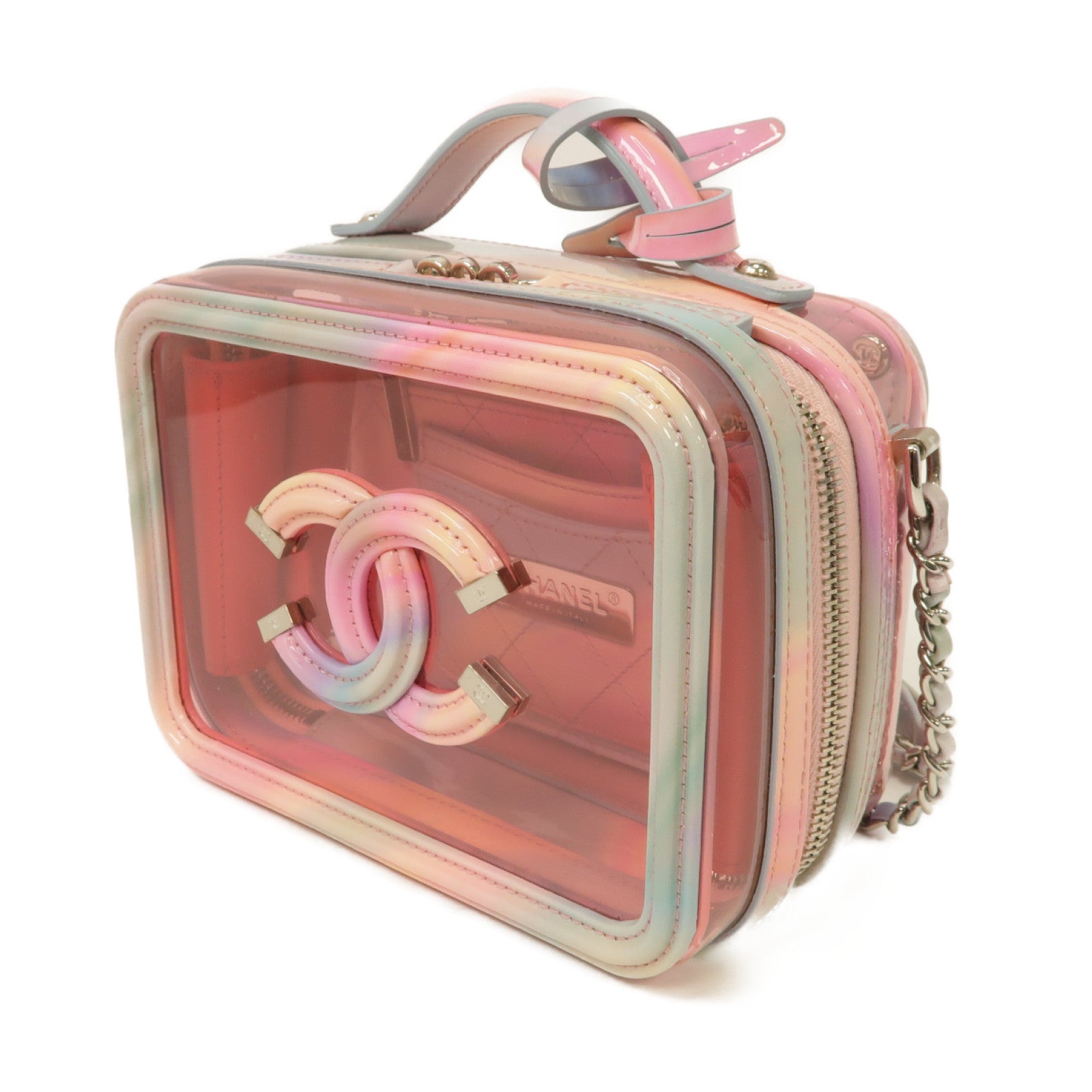 CHANEL PVC Vanity Case銀扣手挽肩背兩用袋粉紅色/綠色