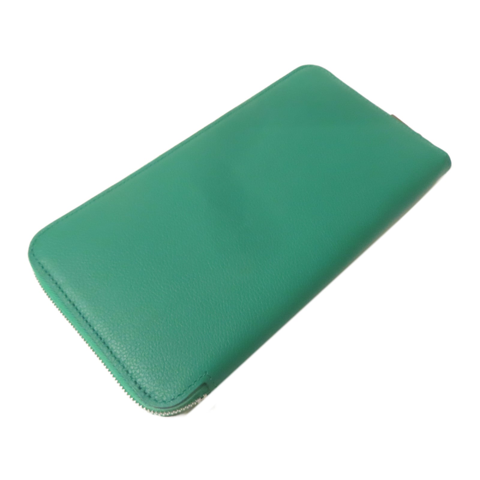 HERMES Evercolor皮革Silk-in Wallet銀扣長錢包絲絨綠色