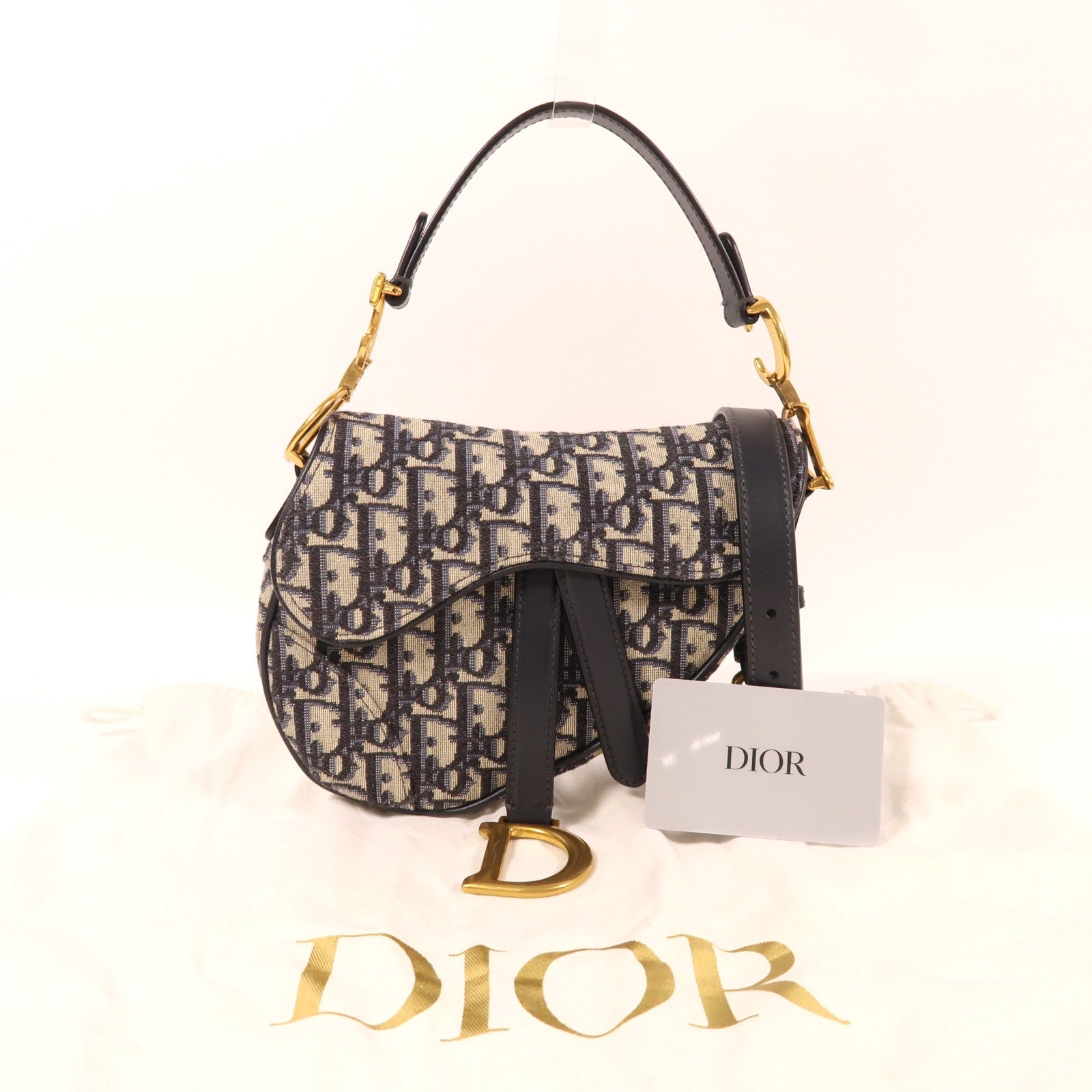 Dior 帆布Mini Saddle Bag金扣手挽肩背兩用袋米色/深藍色