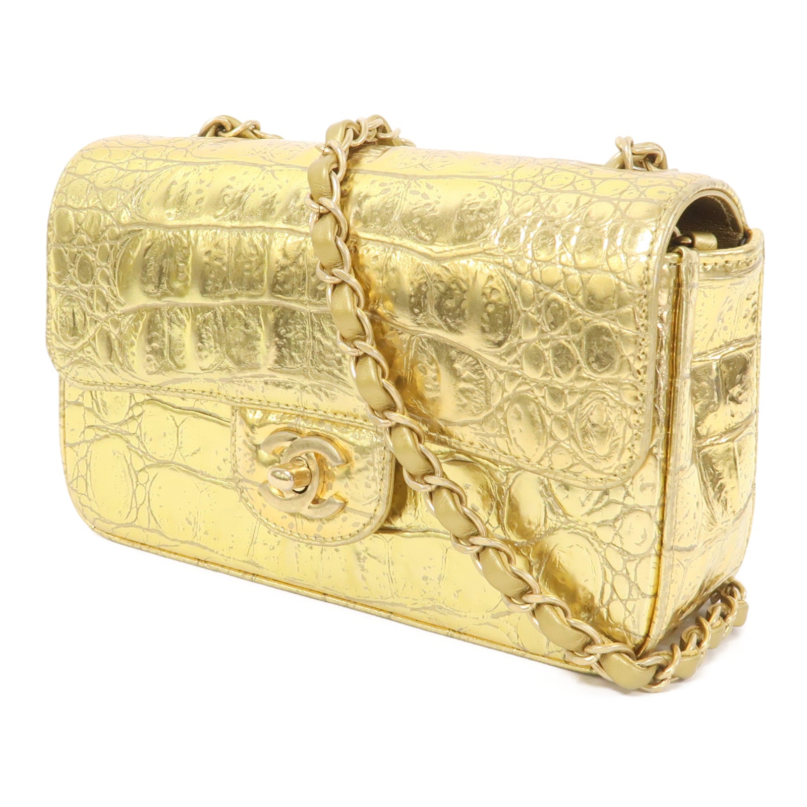 CHANEL 牛皮皮革Classic Flap 20金扣鏈帶肩背袋金色